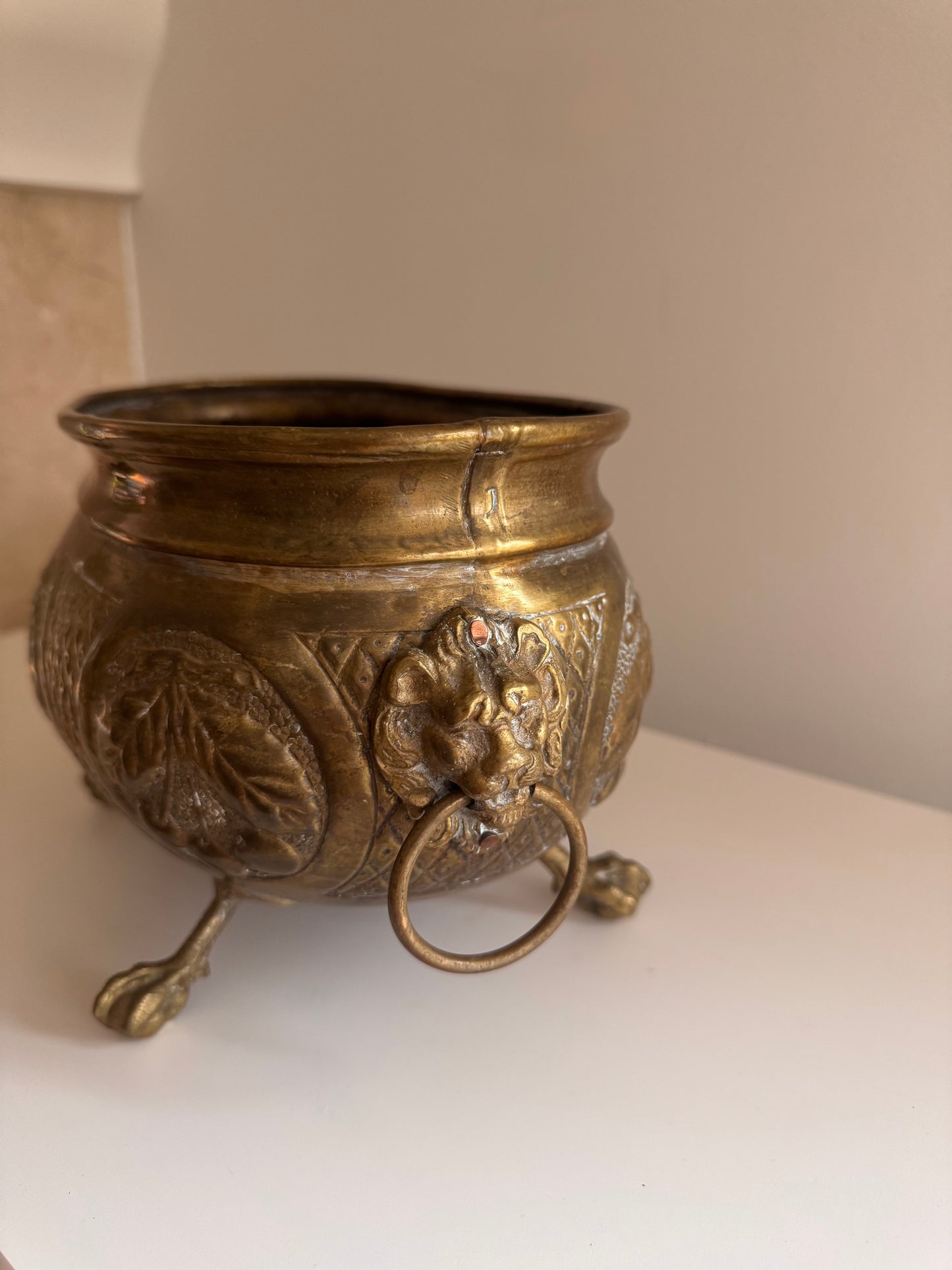 Antique French Brass Jardiniere Planter Cherries Leaves Lion Heads