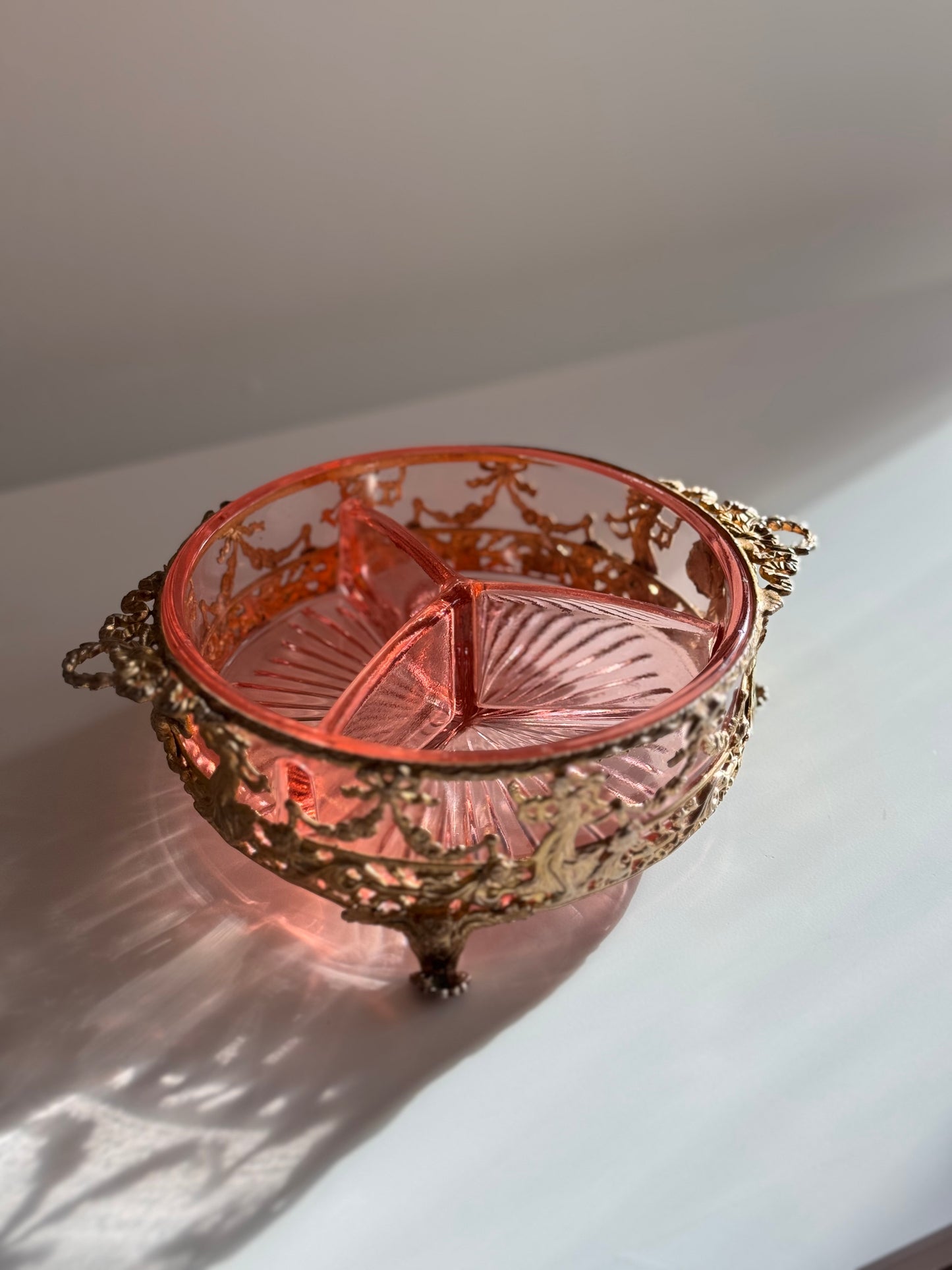 Antique Pink Cut Glass And Gilded Metal Brass Trinket Dish Swags Floral Lady