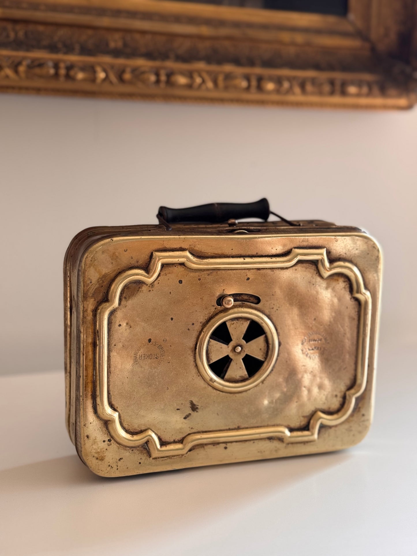 Antique French Depose Brass Portable Hand Foot Warmer With Handle Late 1800s