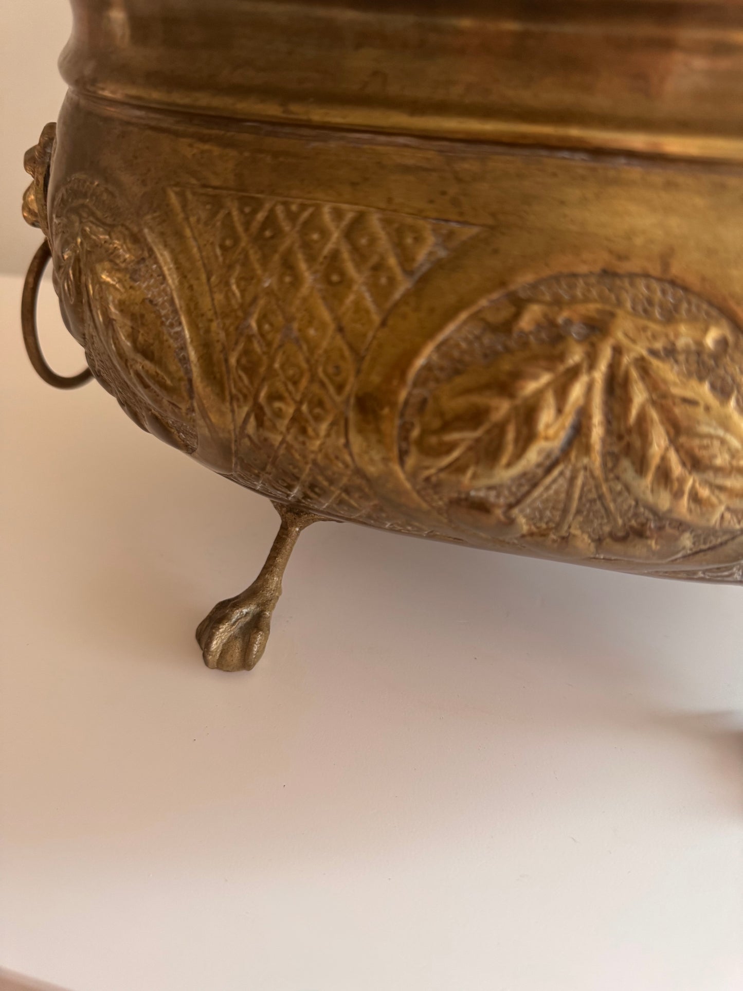 Antique French Brass Jardiniere Planter Cherries Leaves Lion Heads