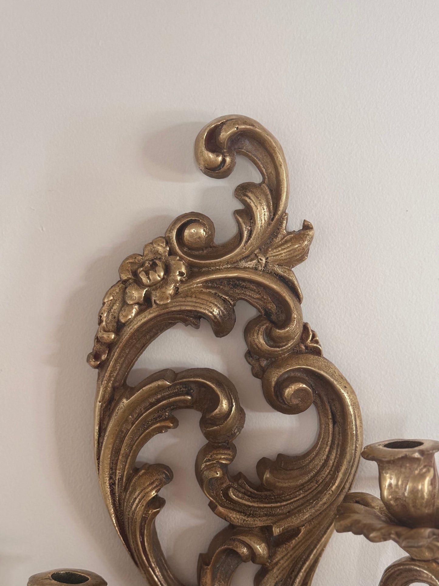 Vintage Solid Brass Baroque French Style Candle Wall Sconce Floral Ornate