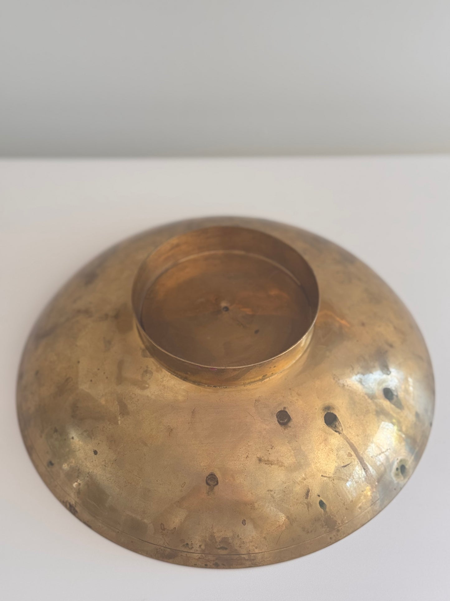 Vintage Brass Cloisonné Floral Pink Peach Pedestal Bowl Centerpiece