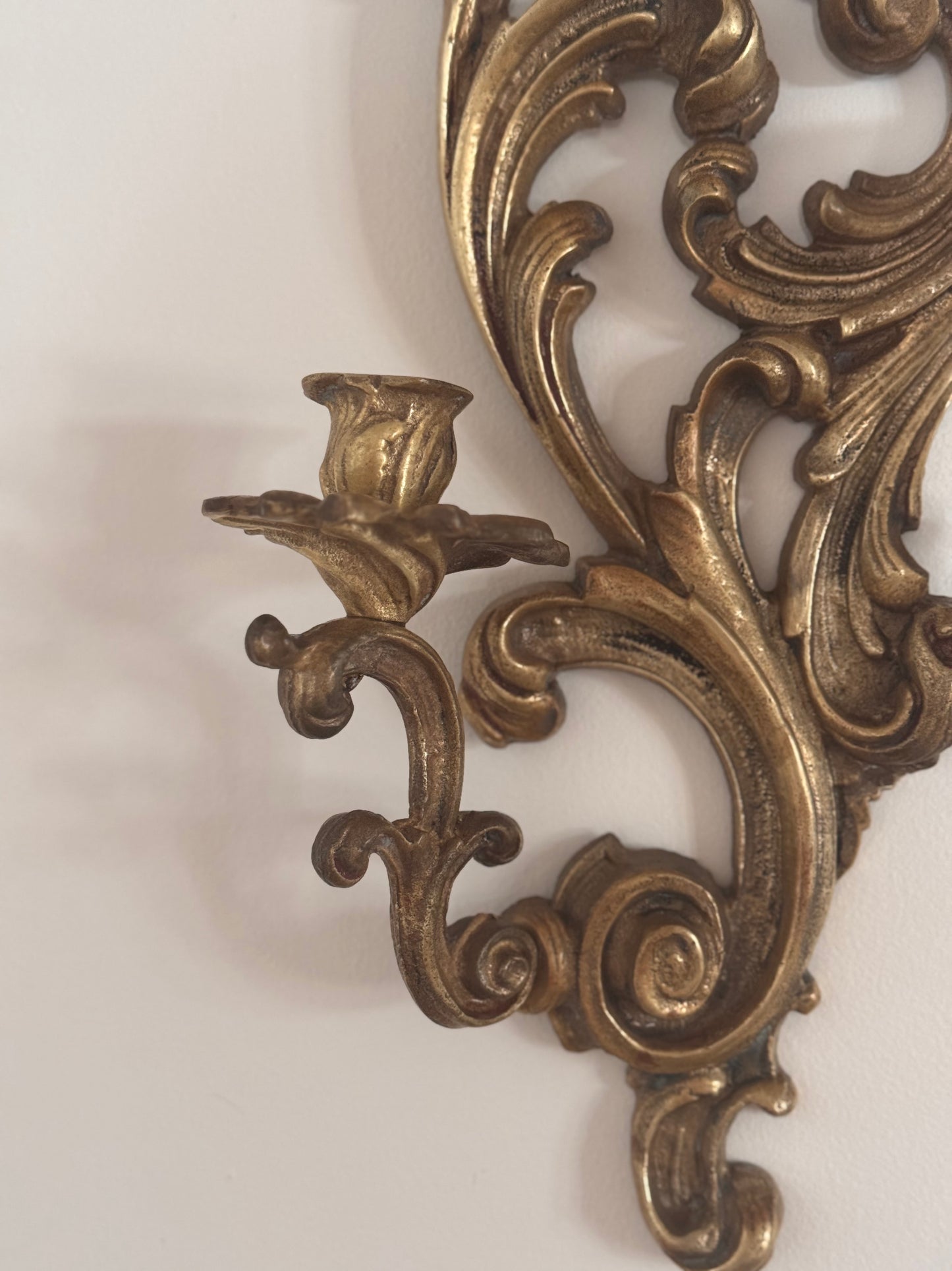 Vintage Solid Brass Baroque French Style Candle Wall Sconce Floral Ornate