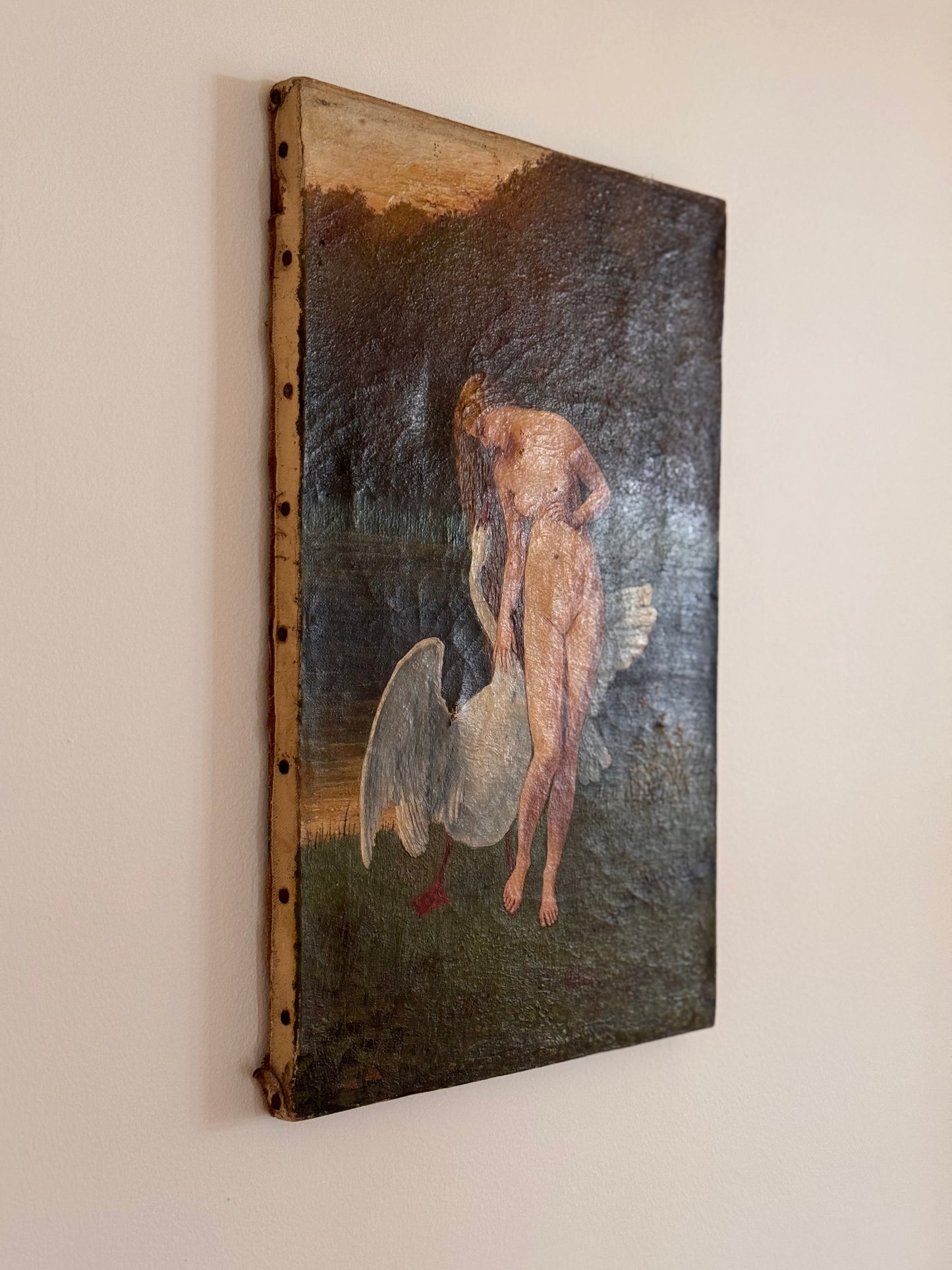 RESERVED Antique French Leda & The Swan oil on canvas painting