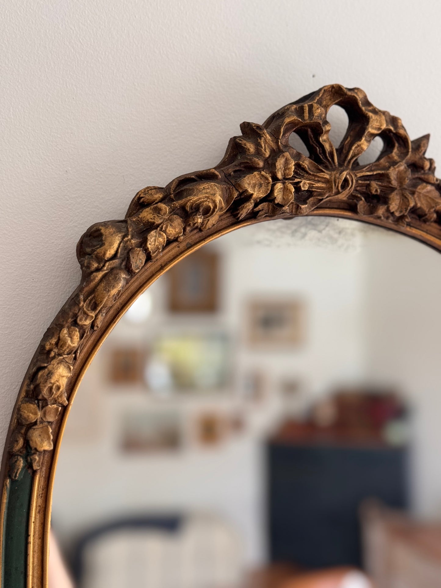 Antique Early 1900s French Wooden Mirror with Floral Bow Details