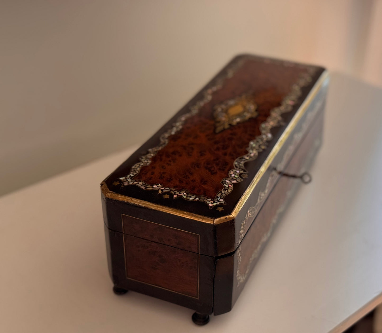 Antique French Burl Wood Mother of Pearl Marquetry Glove Box With Silk Lining