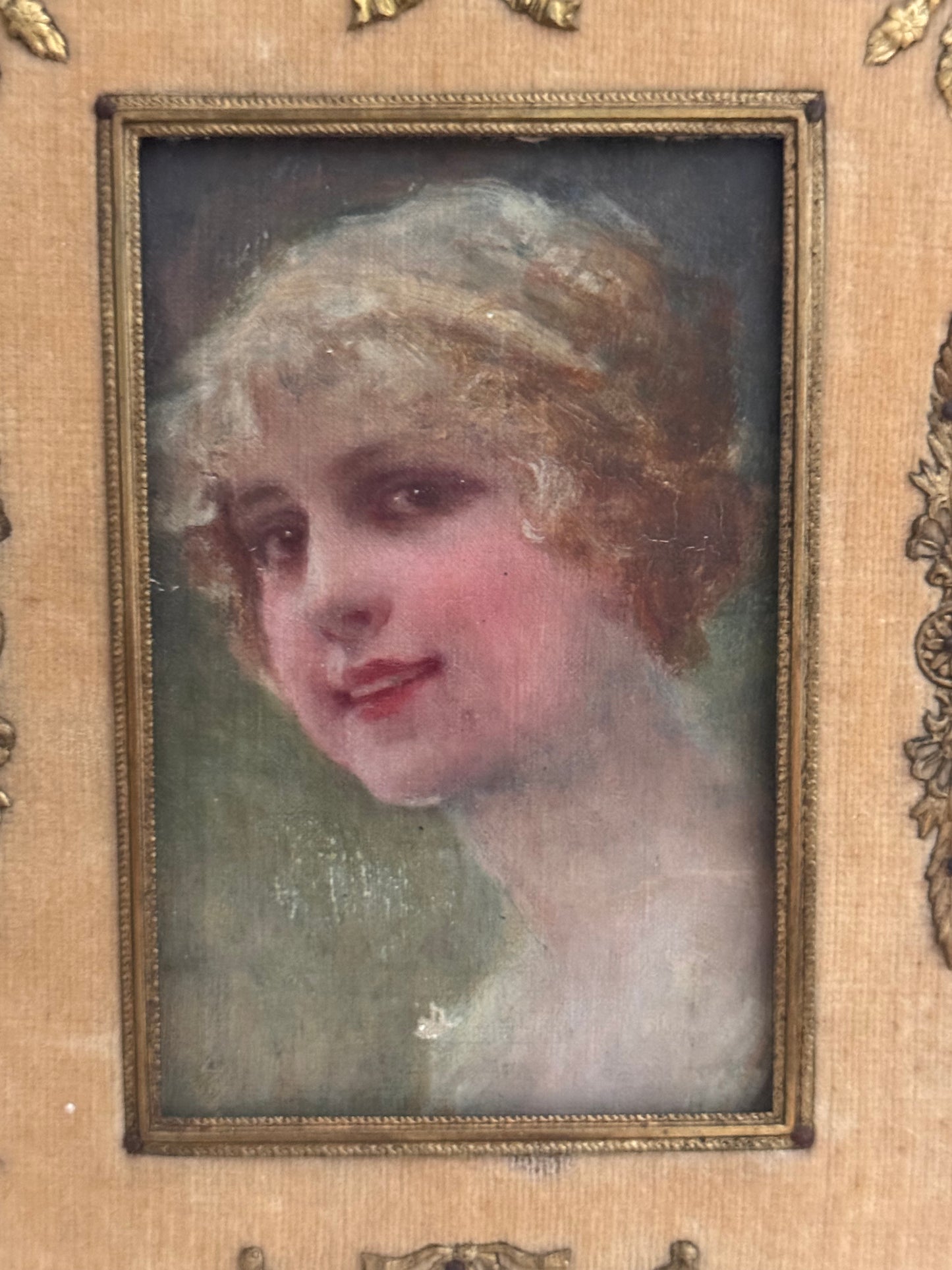 Antique French 19c Ormolu Brass Frame Female Oil Painting Portrait