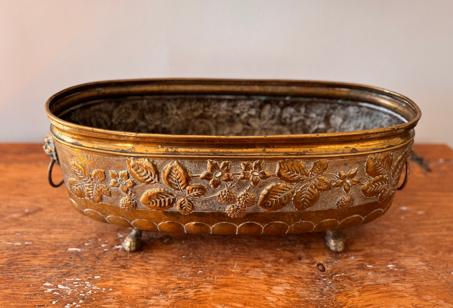 Antique Large French Brass Jardiniere Planter Leaves Flowers Lion Heads