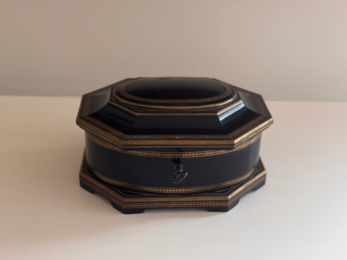 Antique 19c French Tahan Signed Blackened Wood & Brass Jewelry Box With Key