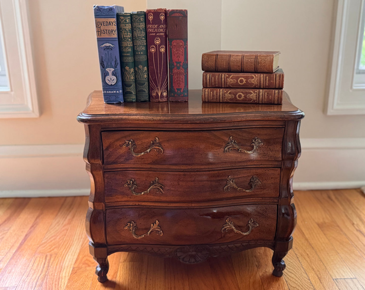 Antique Diminutive French Salesman Sample Dresser Commode With Scallop Brass