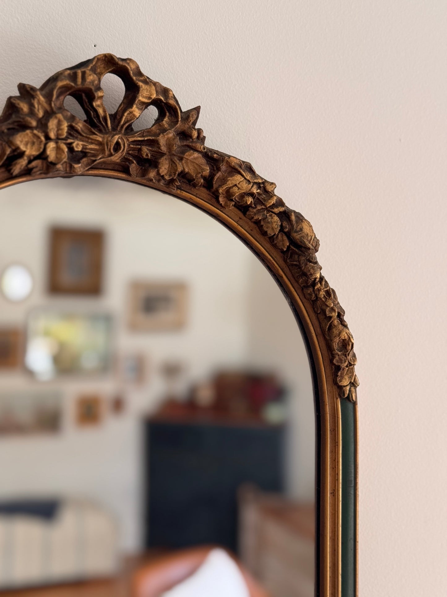 Antique Early 1900s French Wooden Mirror with Floral Bow Details