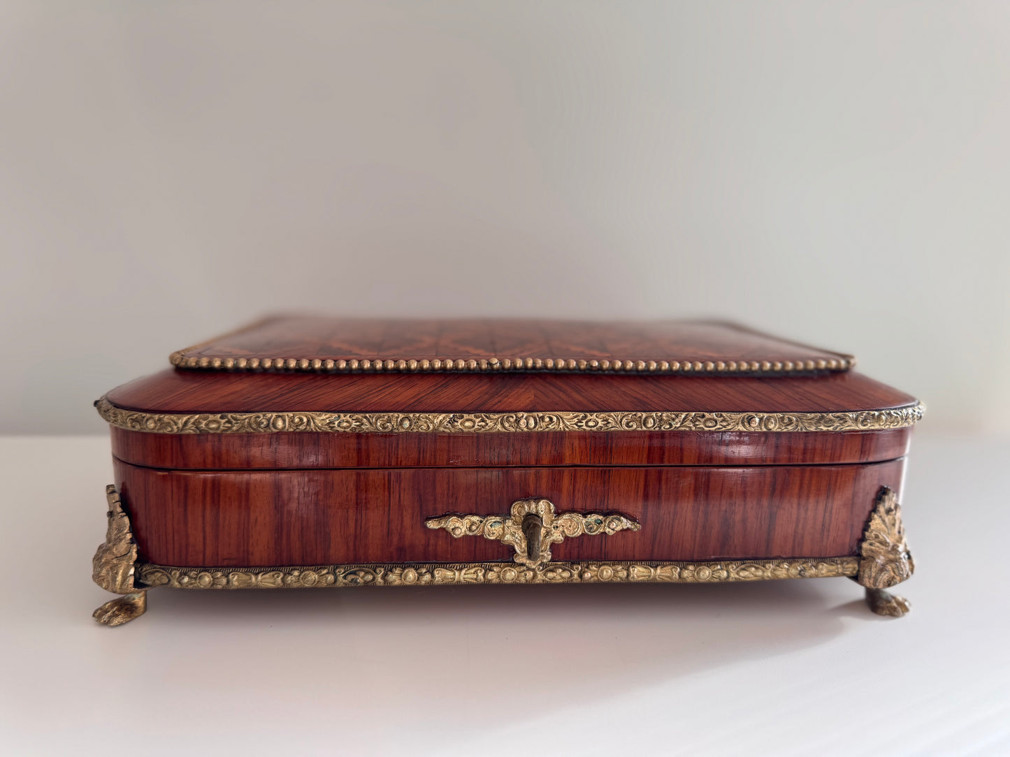 Antique Napoleon III Rosewood & Bronze Parquetry Jewelry Box