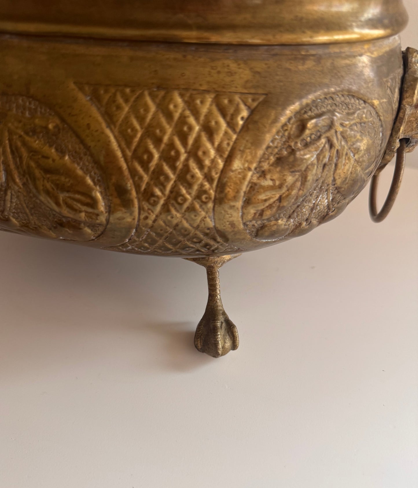 Antique French Brass Jardiniere Planter Cherries Leaves Lion Heads