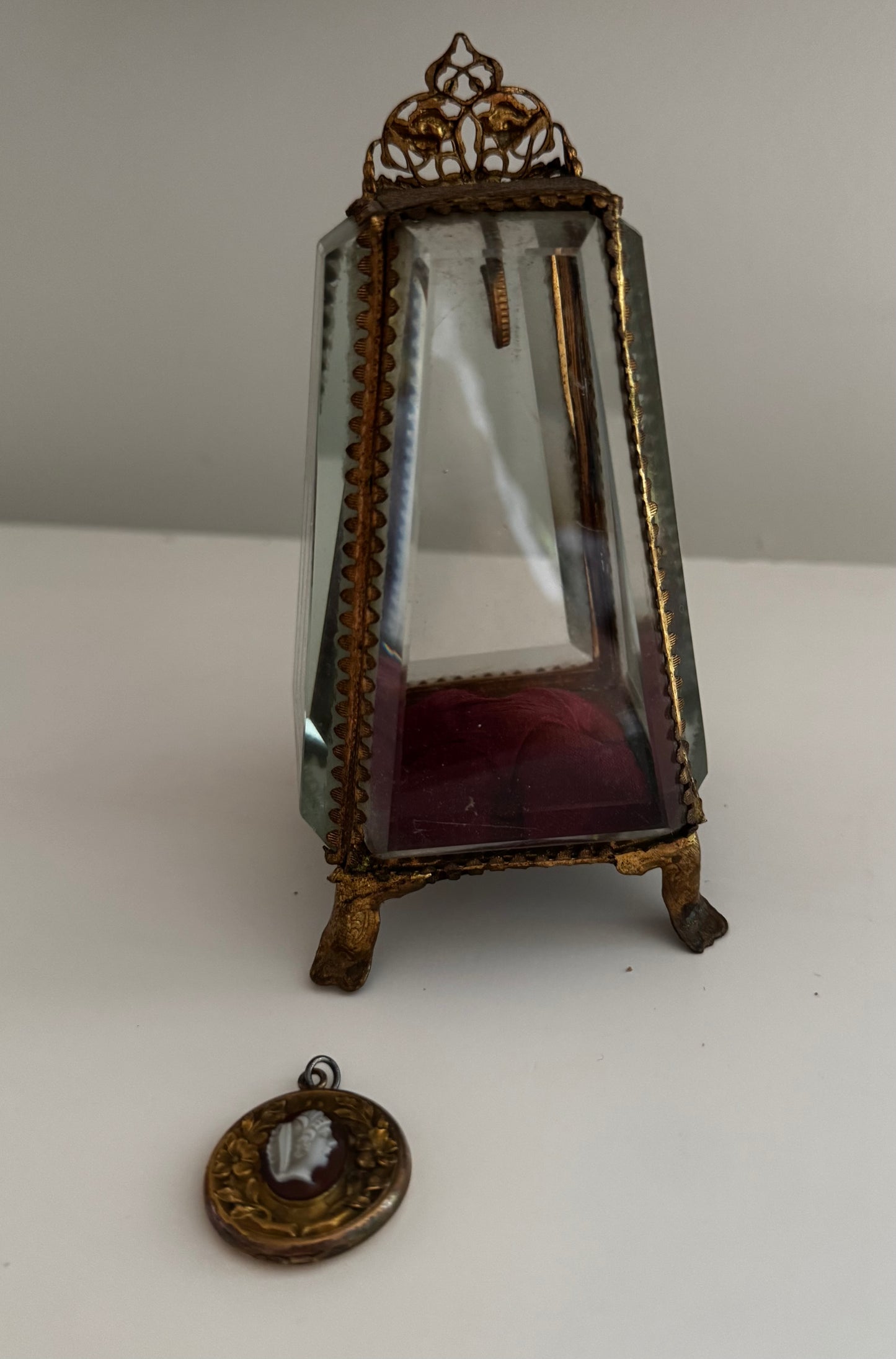 Antique French Ormolu Tufted Silk Crystal Watch Casket & Shell Cameo Pendant