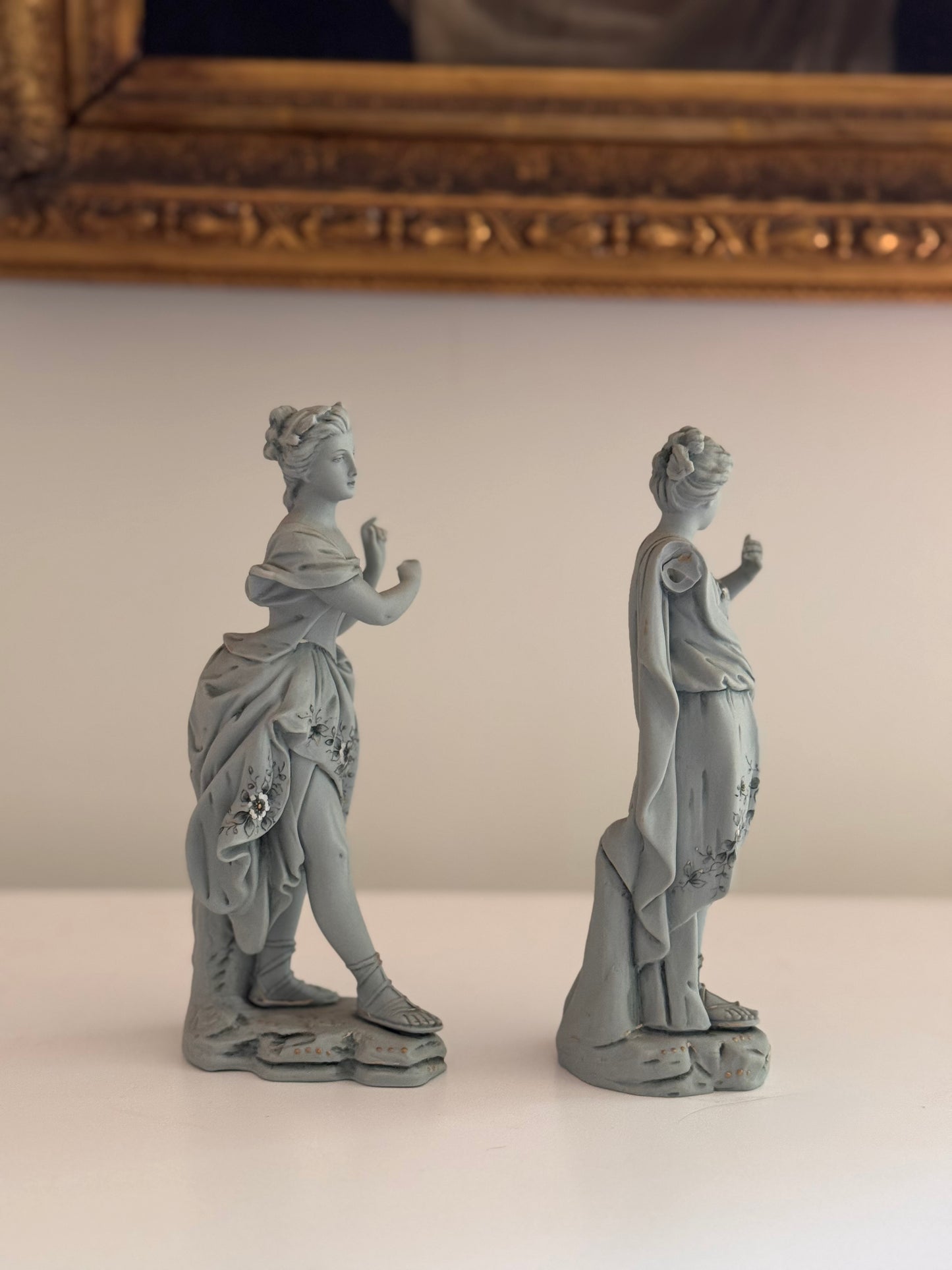 Antique 19c Stamped Meissen German Women Figurines Floral Detail Hand Painted Pair of 2