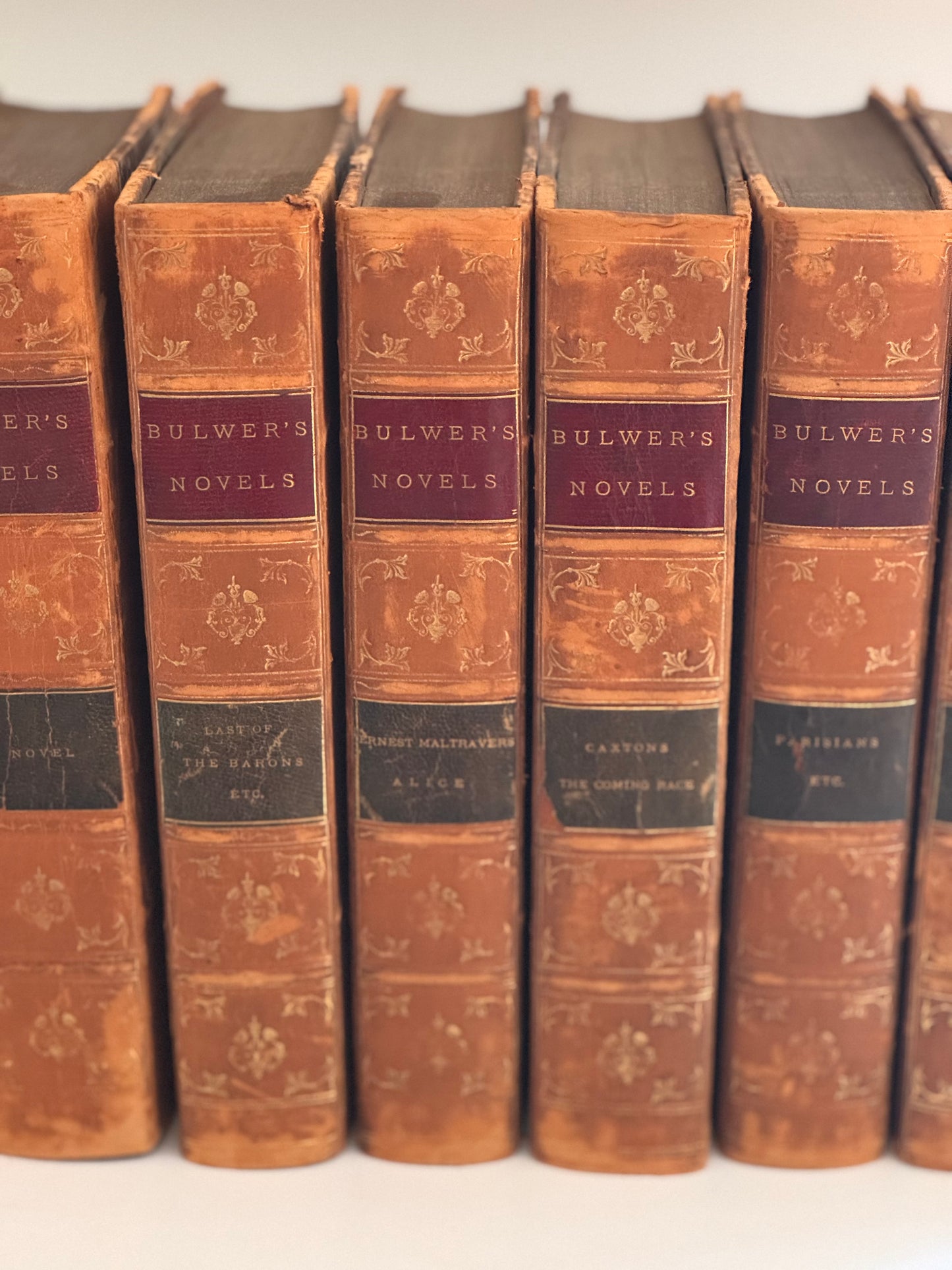 Antique 19c Set of 7 Bulwer’s Novels Circa 1882 Half Leather Marbled Last Days of Pompeii Etc