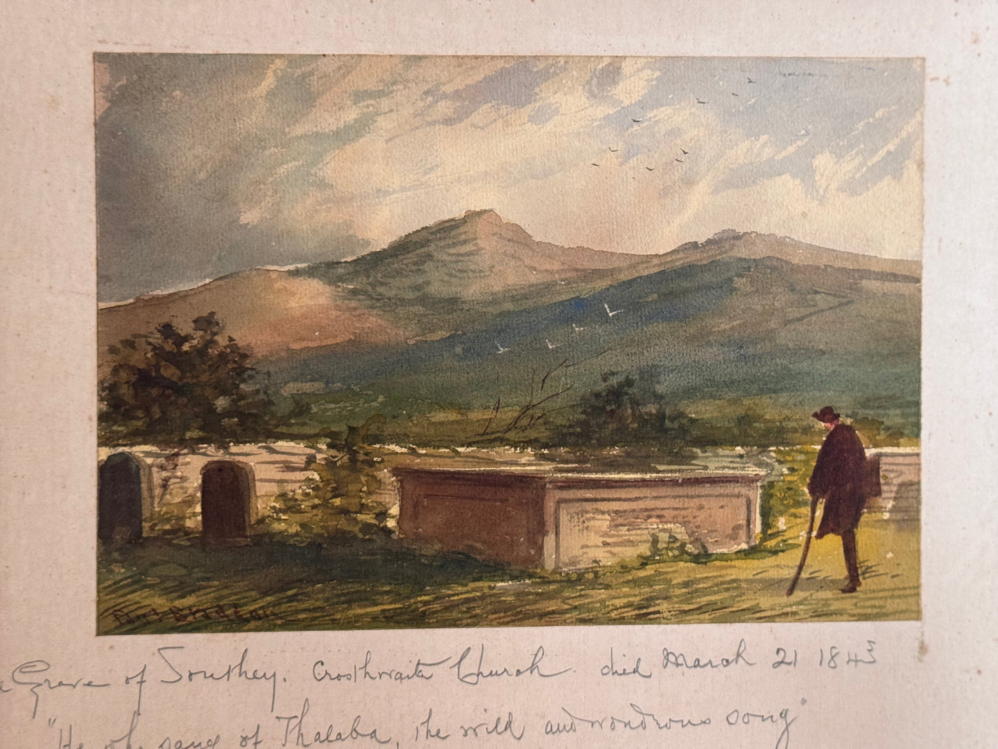 Antique Paul Braddon English Watercolor Painting Grave Robert Southey