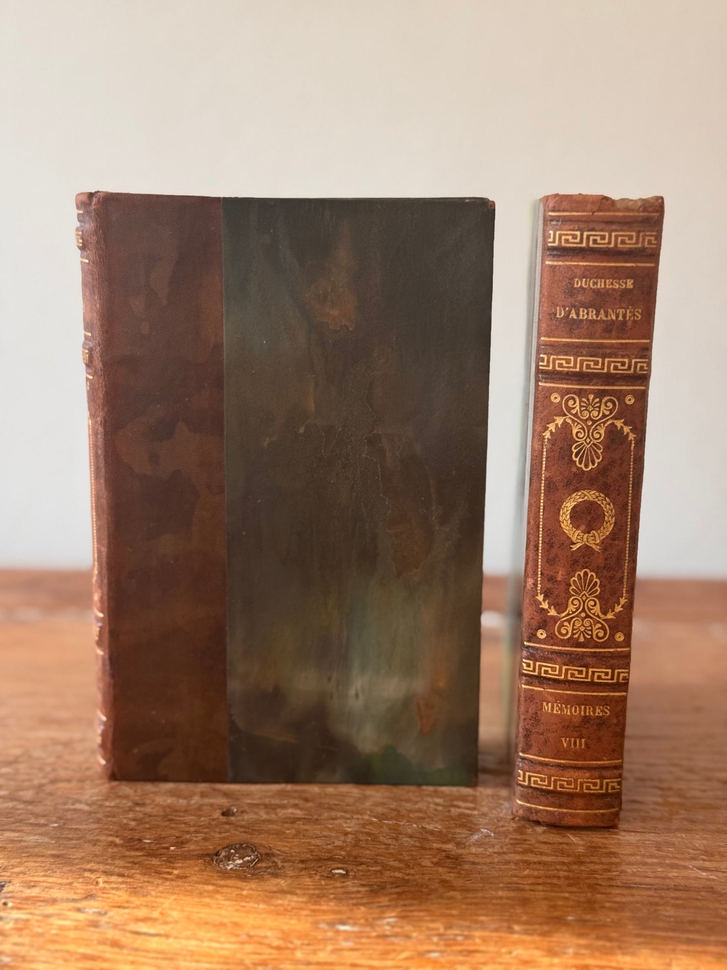 Antique French Book Set Duchesse D’Abrantes Leather Marble Binding Laurel Wreath