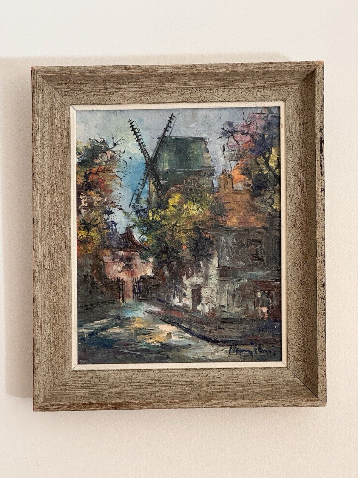 Vintage Oil On Canvas French Landscape Windmill Scene Painting