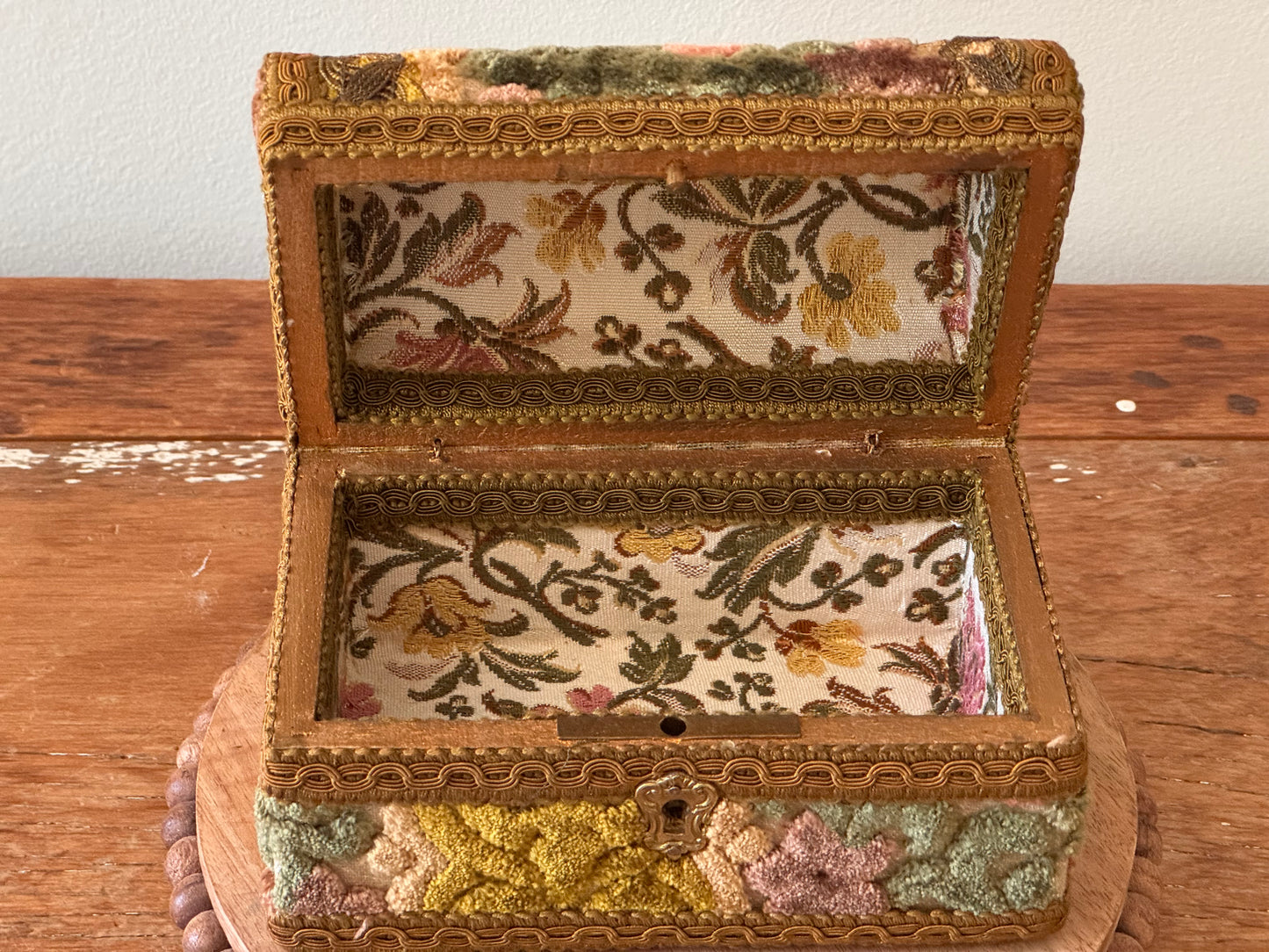 Vintage Italian Floral Tapestry & Brass Domed Trinket Jewelry Box