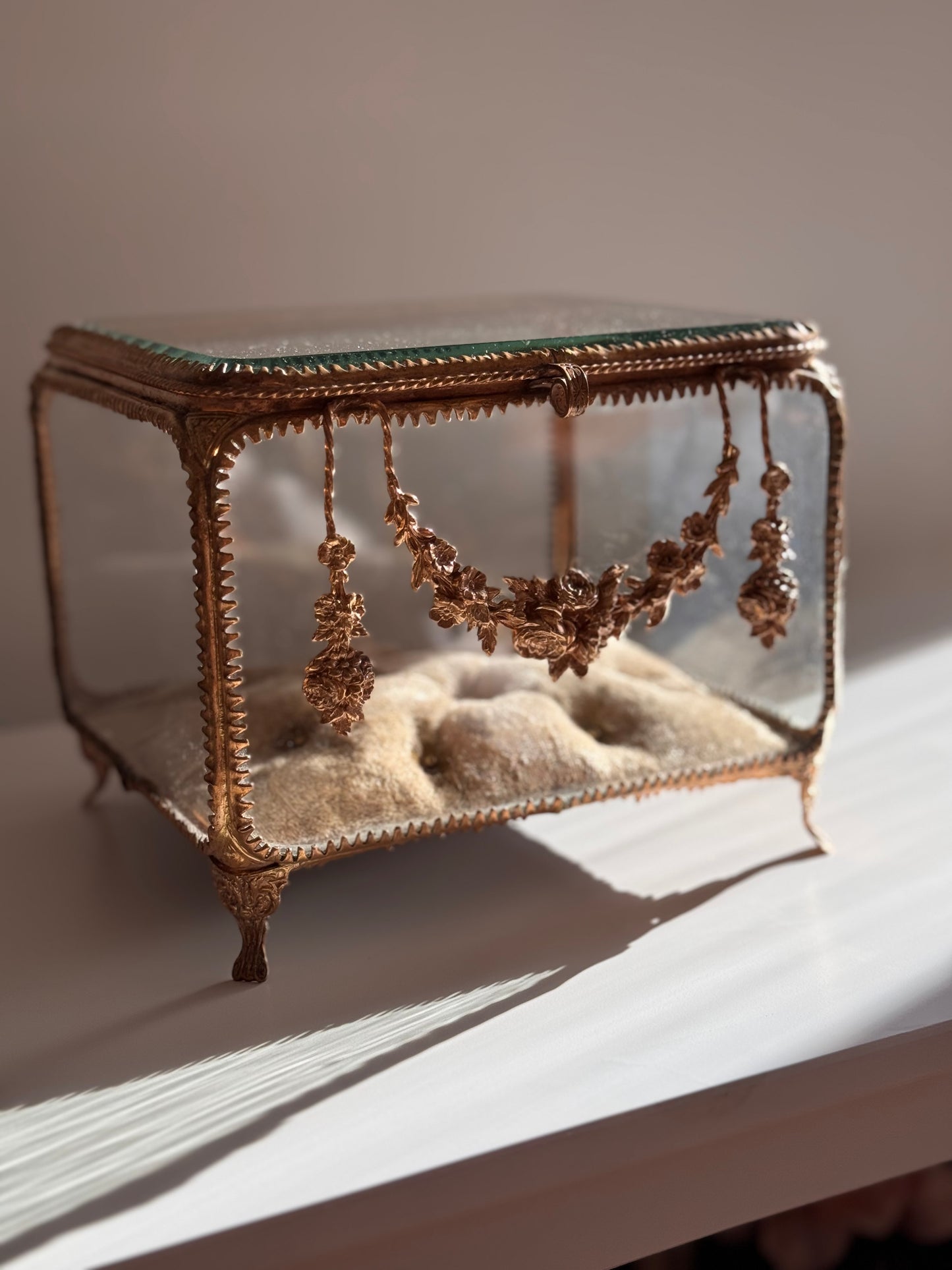 Antique Glass Bronze 19c Bridal Reliquary Jewelry Box Casket Swag Florals Gild