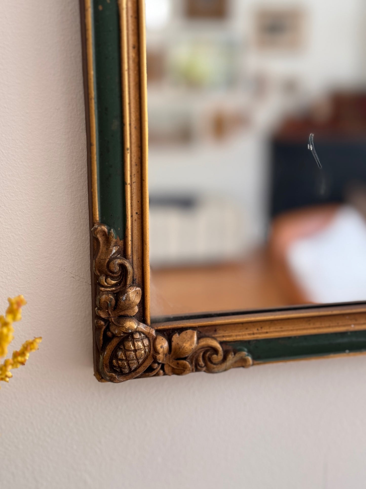 Antique Early 1900s French Wooden Mirror with Floral Bow Details