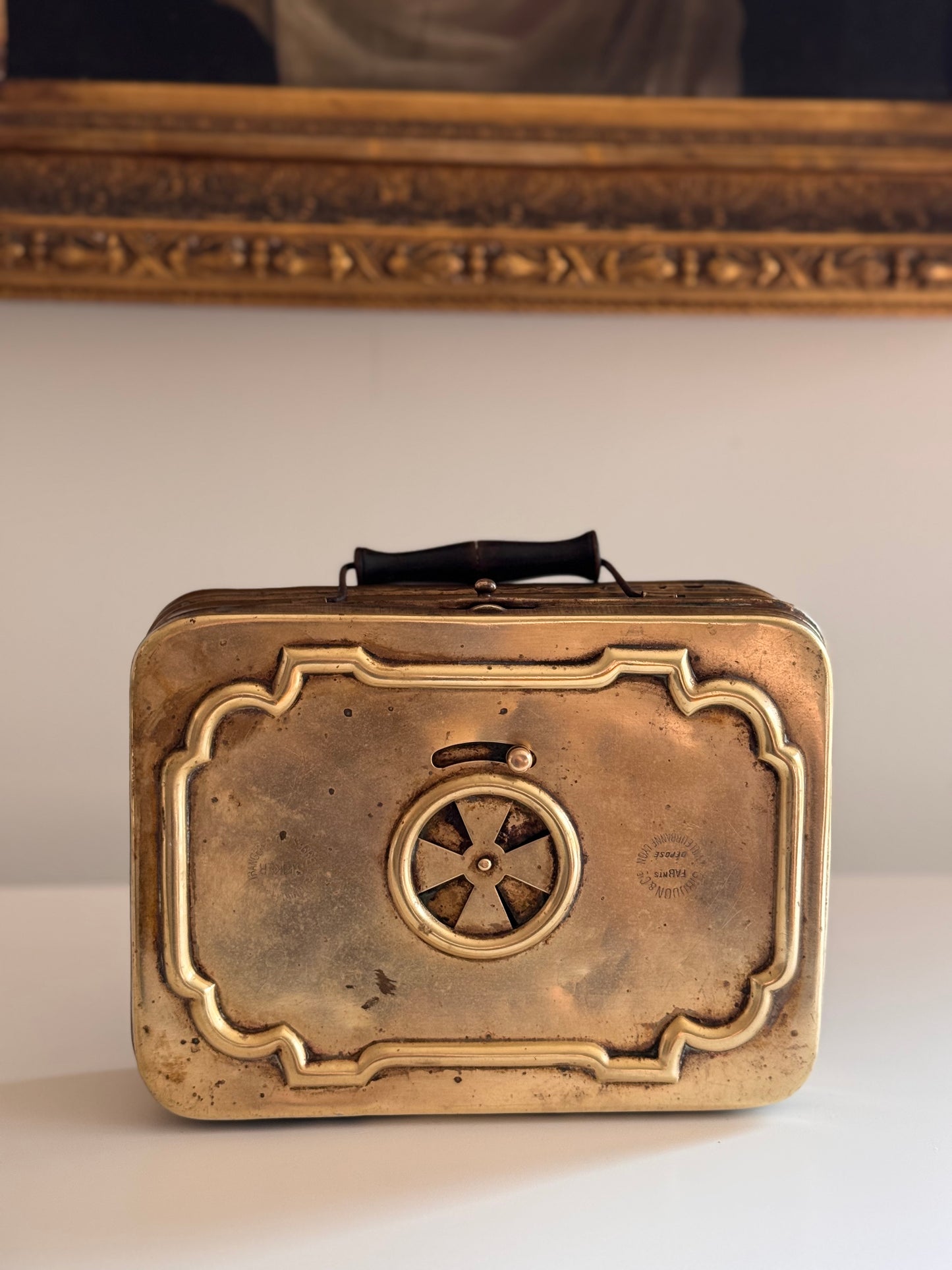 Antique French Depose Brass Portable Hand Foot Warmer With Handle Late 1800s