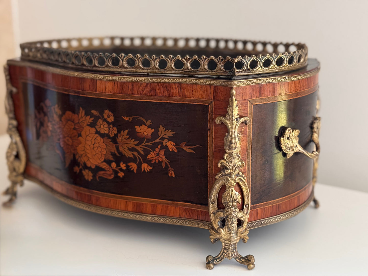 Antique 19c French Napoleon III Floral Marquetry Wood & Bronze Jardiniere Planter