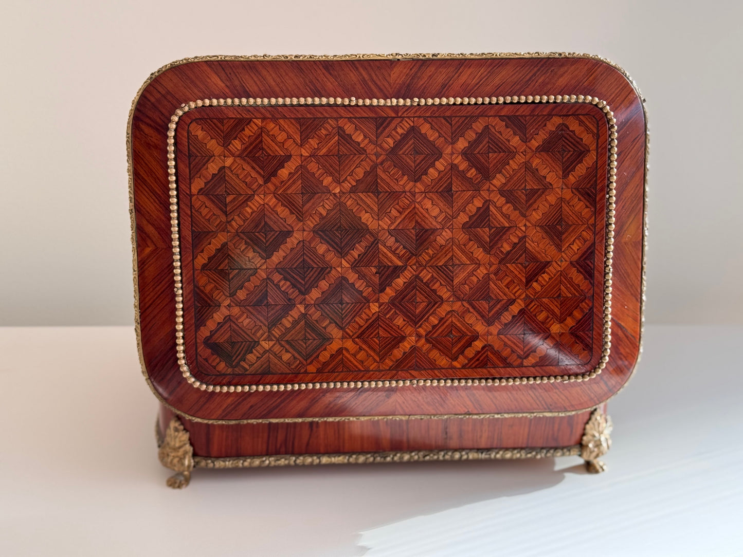 Antique Napoleon III Rosewood & Bronze Parquetry Jewelry Box