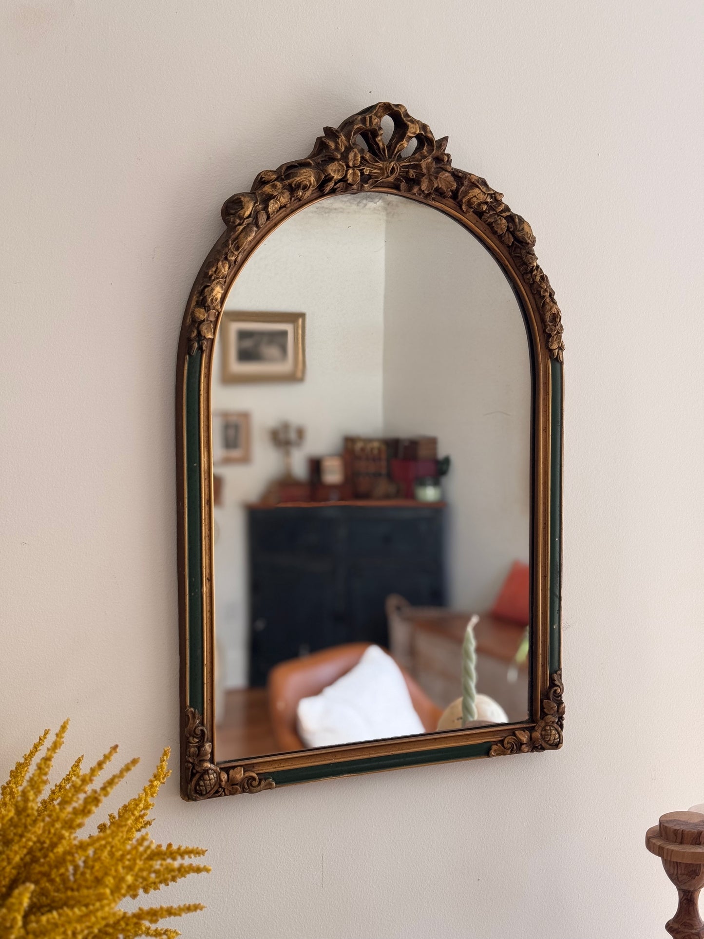 Antique Early 1900s French Wooden Mirror with Floral Bow Details