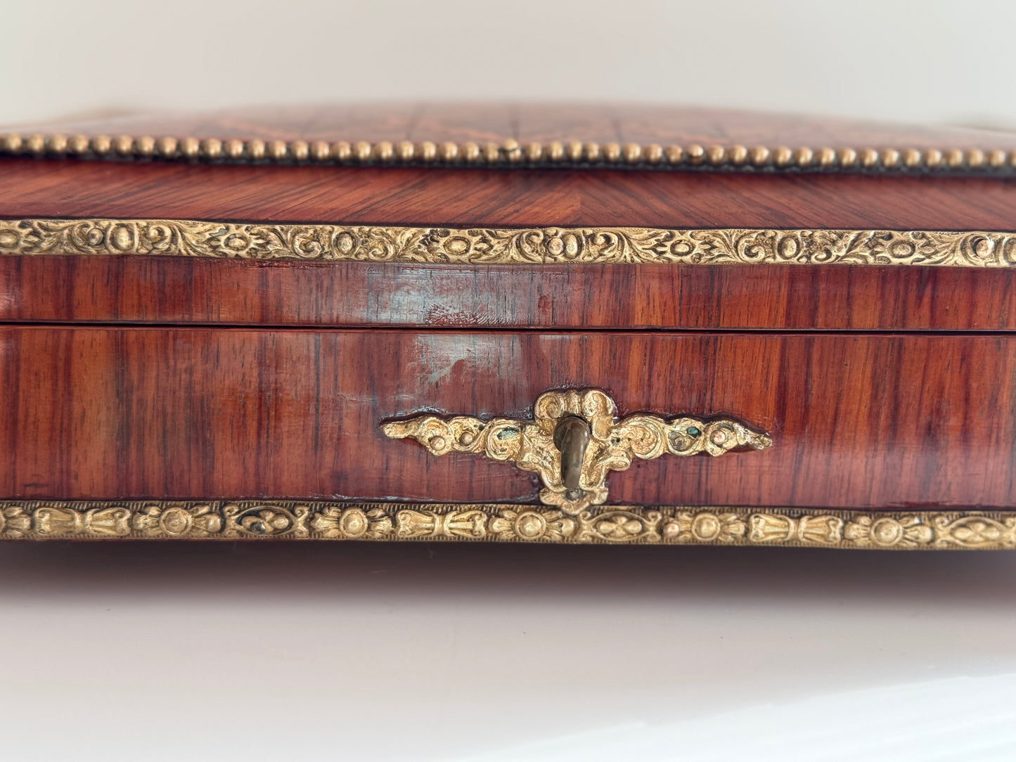 Antique Napoleon III Rosewood & Bronze Parquetry Jewelry Box