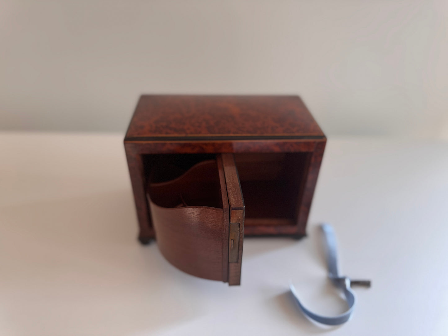 Antique French Burl Wood Marquetry Trinket Box Desk Caddy w/Working Key