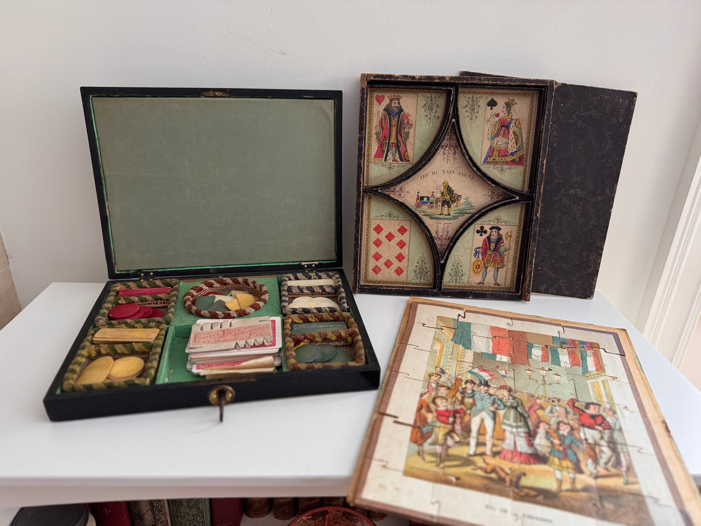 Antique French Game Set Napoleon III Marquetry Box, Puzzle, Jeu du Nain-Jaune