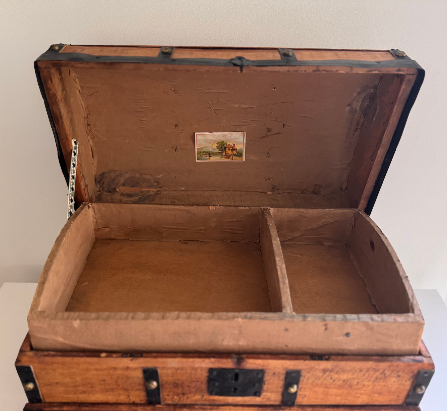 Antique Barrel Top Steamer Trunk Salesman Sample Doll Chest Wood Leather & Metal