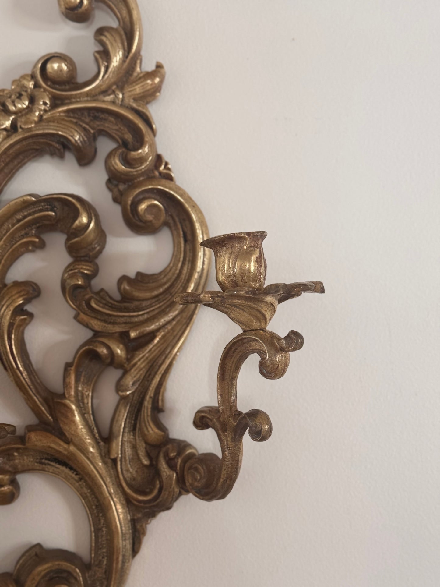 Vintage Solid Brass Baroque French Style Candle Wall Sconce Floral Ornate