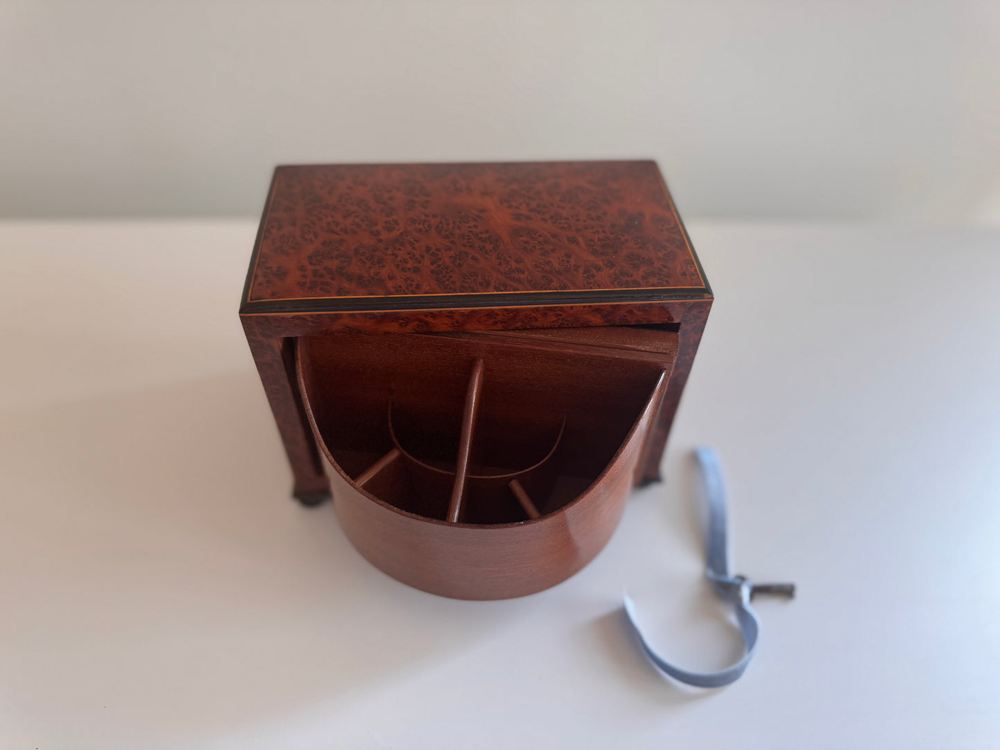 Antique French Burl Wood Marquetry Trinket Box Desk Caddy w/Working Key