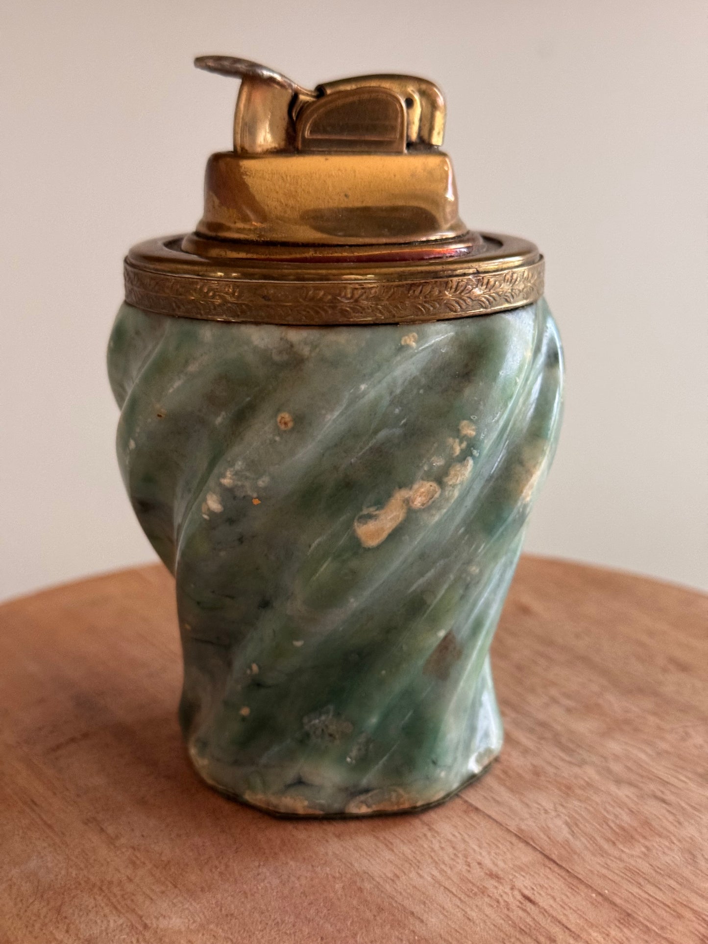 Vintage Sage Green Brass Marbled Alabaster Table Lighter