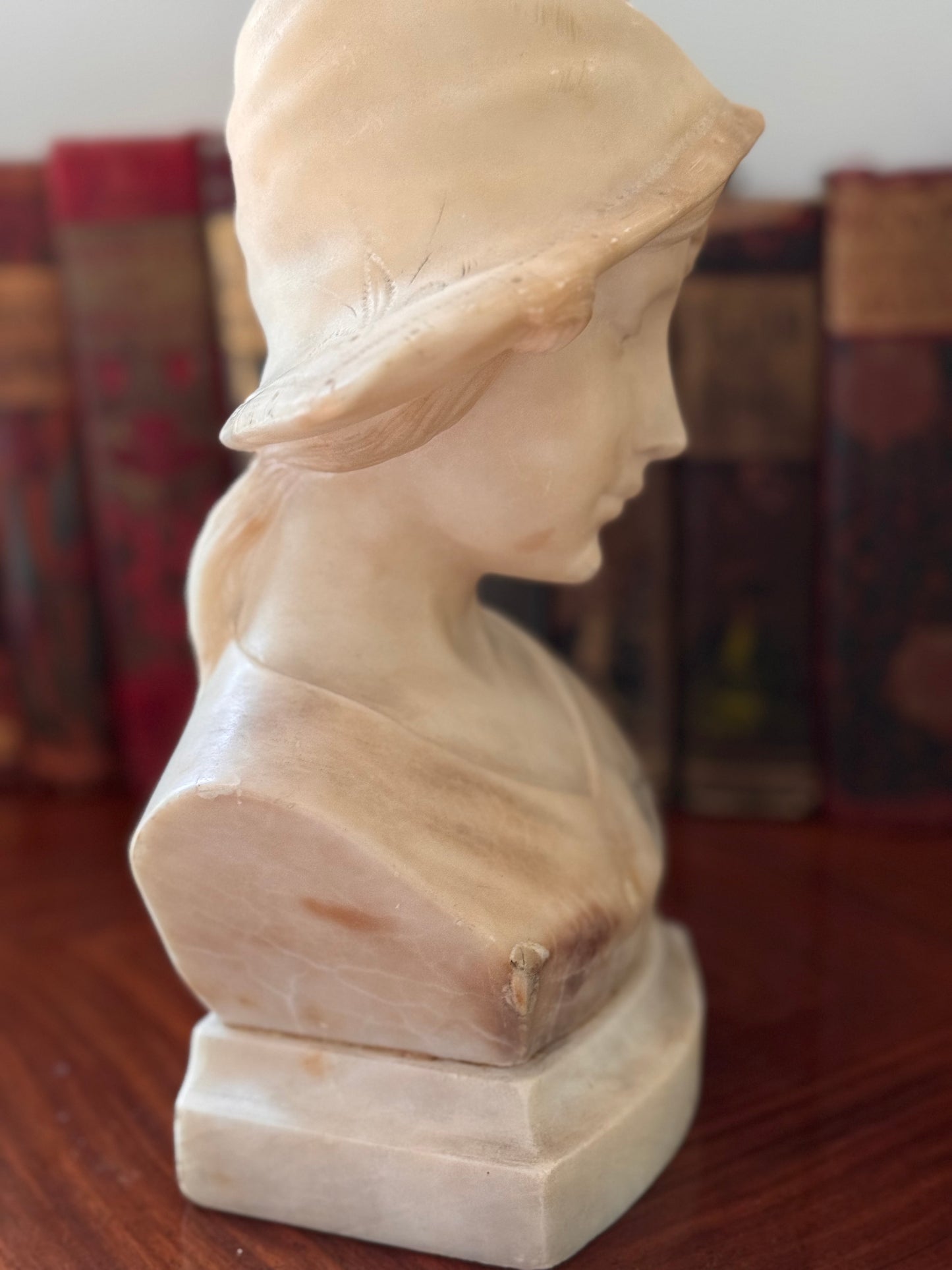 Antique Italian Alabaster Marble Bust Of A Young Girl Woman With Hat