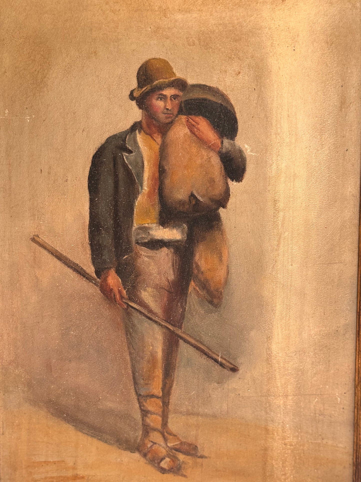 Antique 19c Oil on Board Portrait After J. Rawson Standing Peasant Painting