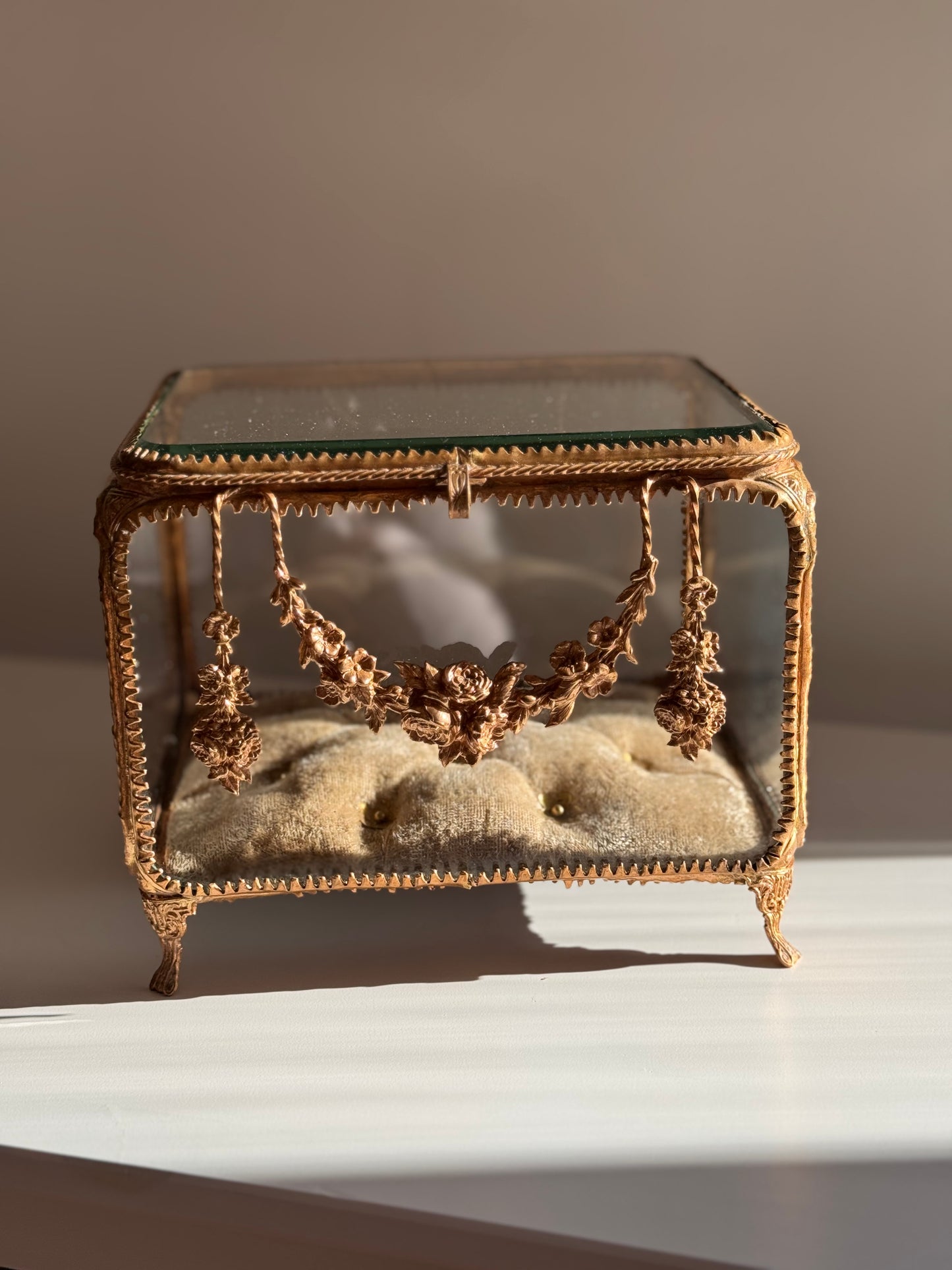 Antique Glass Bronze 19c Bridal Reliquary Jewelry Box Casket Swag Florals Gild