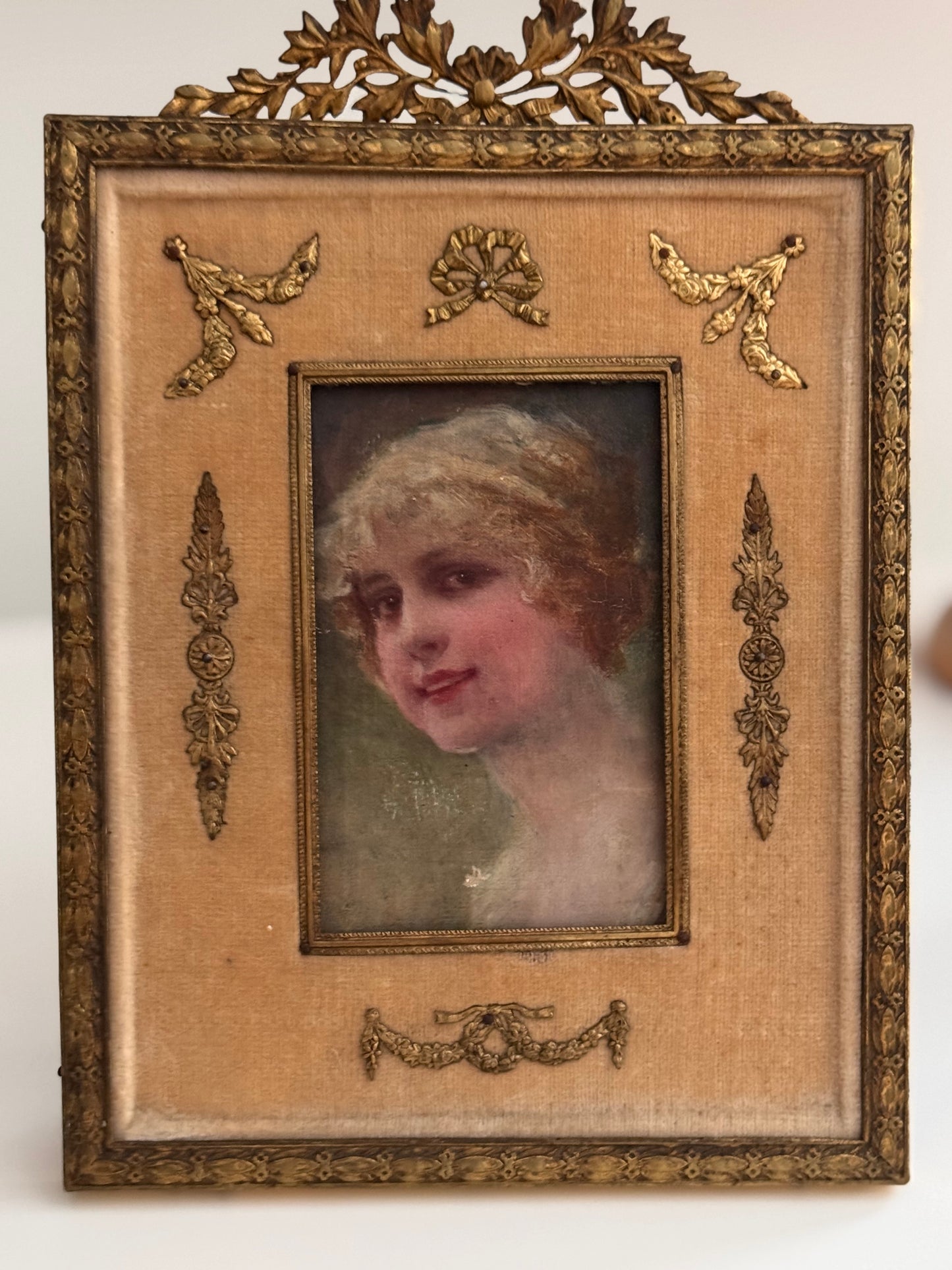 Antique French 19c Ormolu Brass Frame Female Oil Painting Portrait