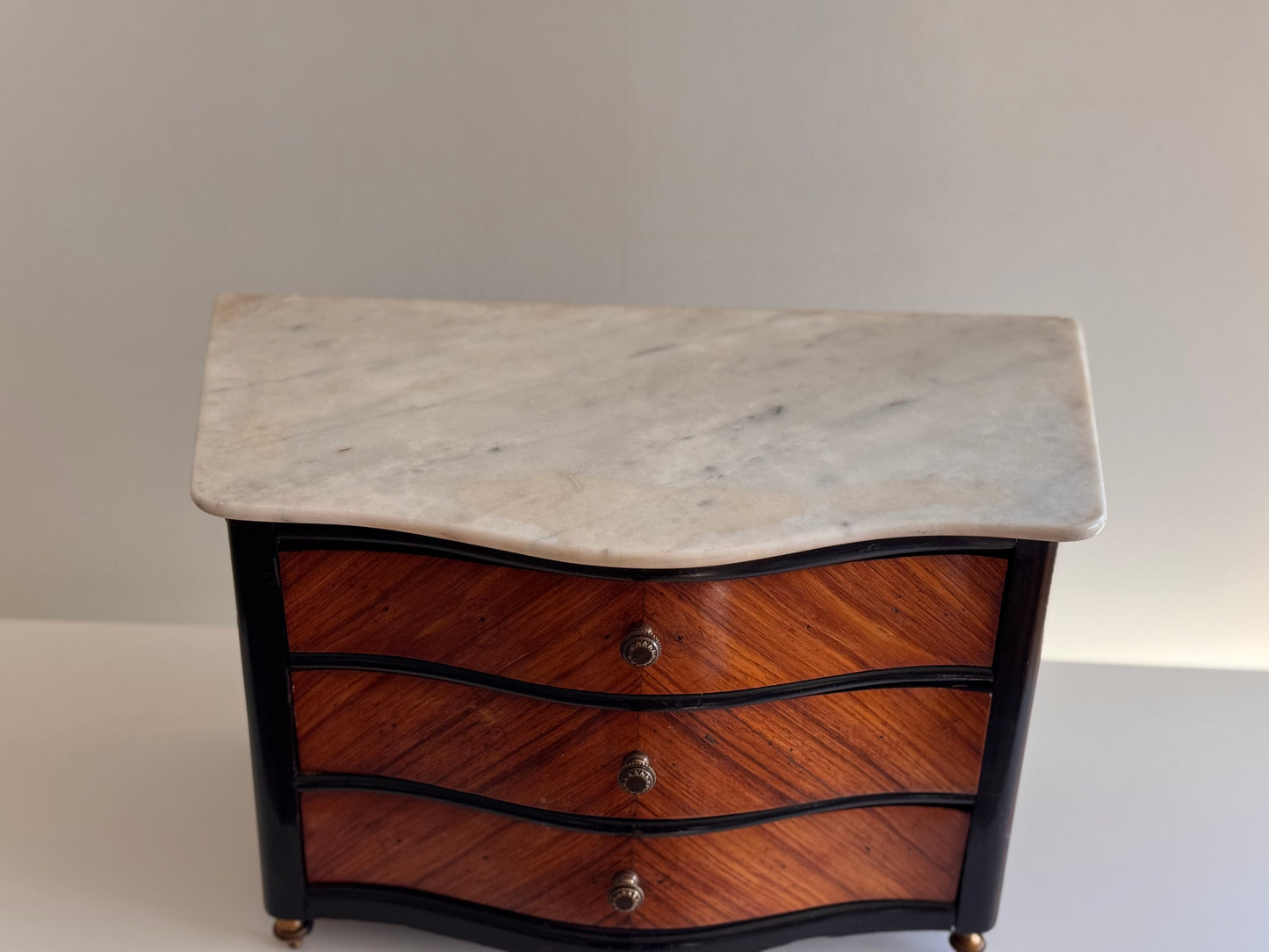Antique Victorian French Napoleon III Marquetry Wood Marble Brass Salesman Sample Commode Dresser