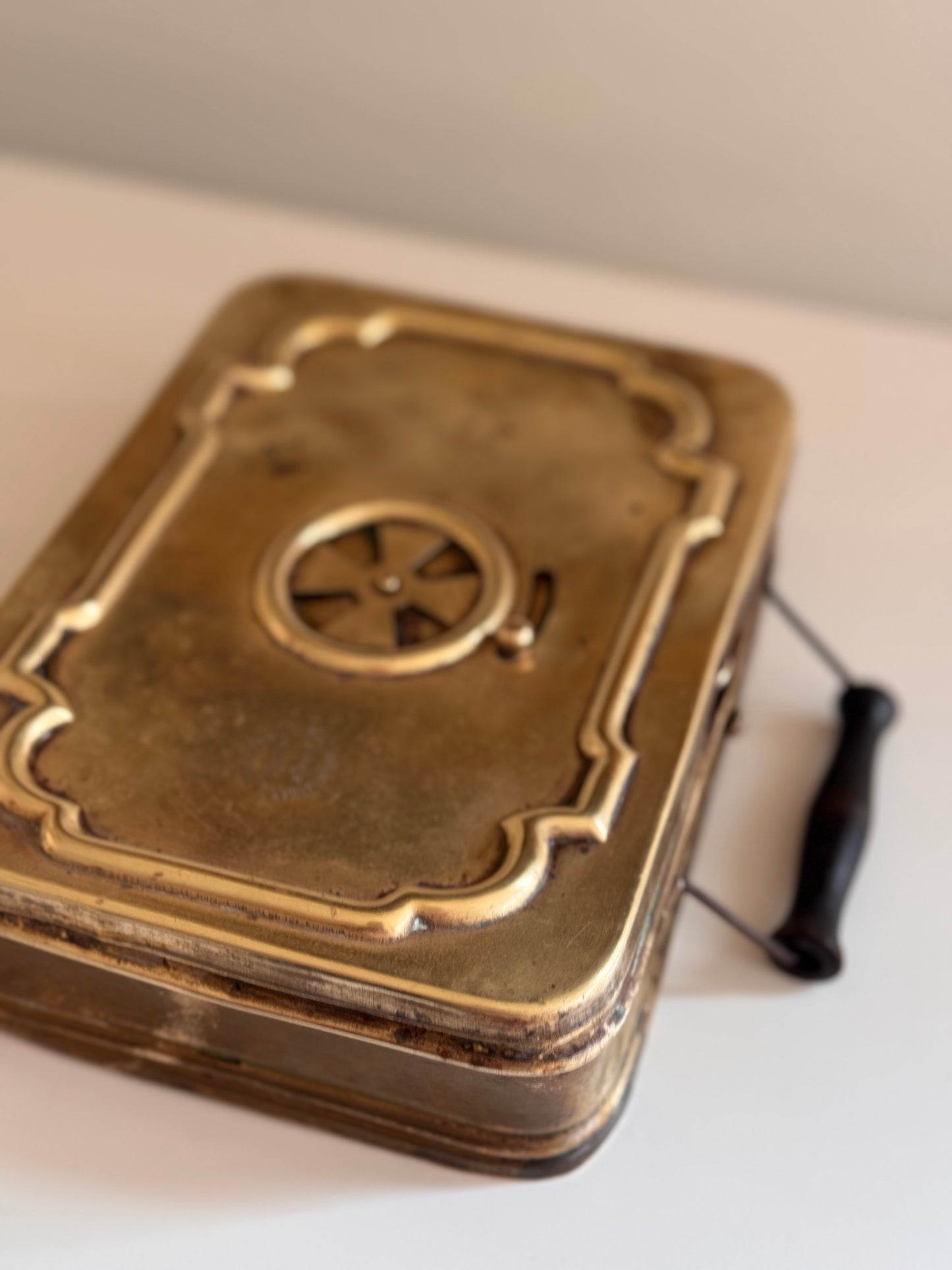 Antique French Depose Brass Portable Hand Foot Warmer With Handle Late 1800s