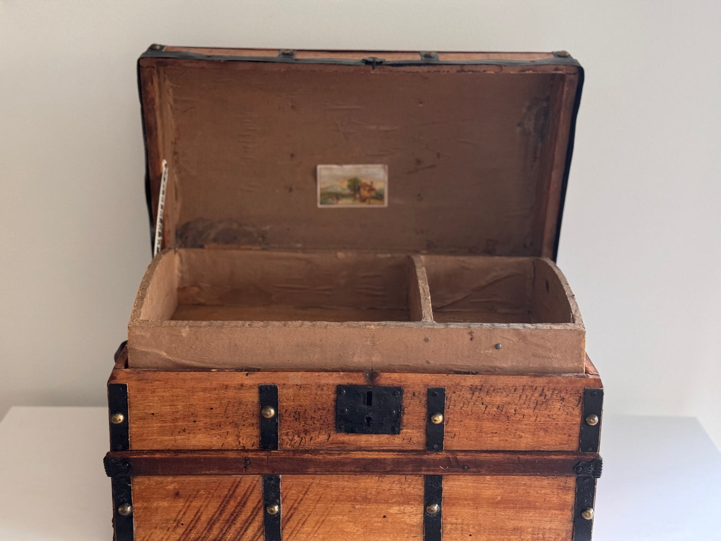 Antique Barrel Top Steamer Trunk Salesman Sample Doll Chest Wood Leather & Metal
