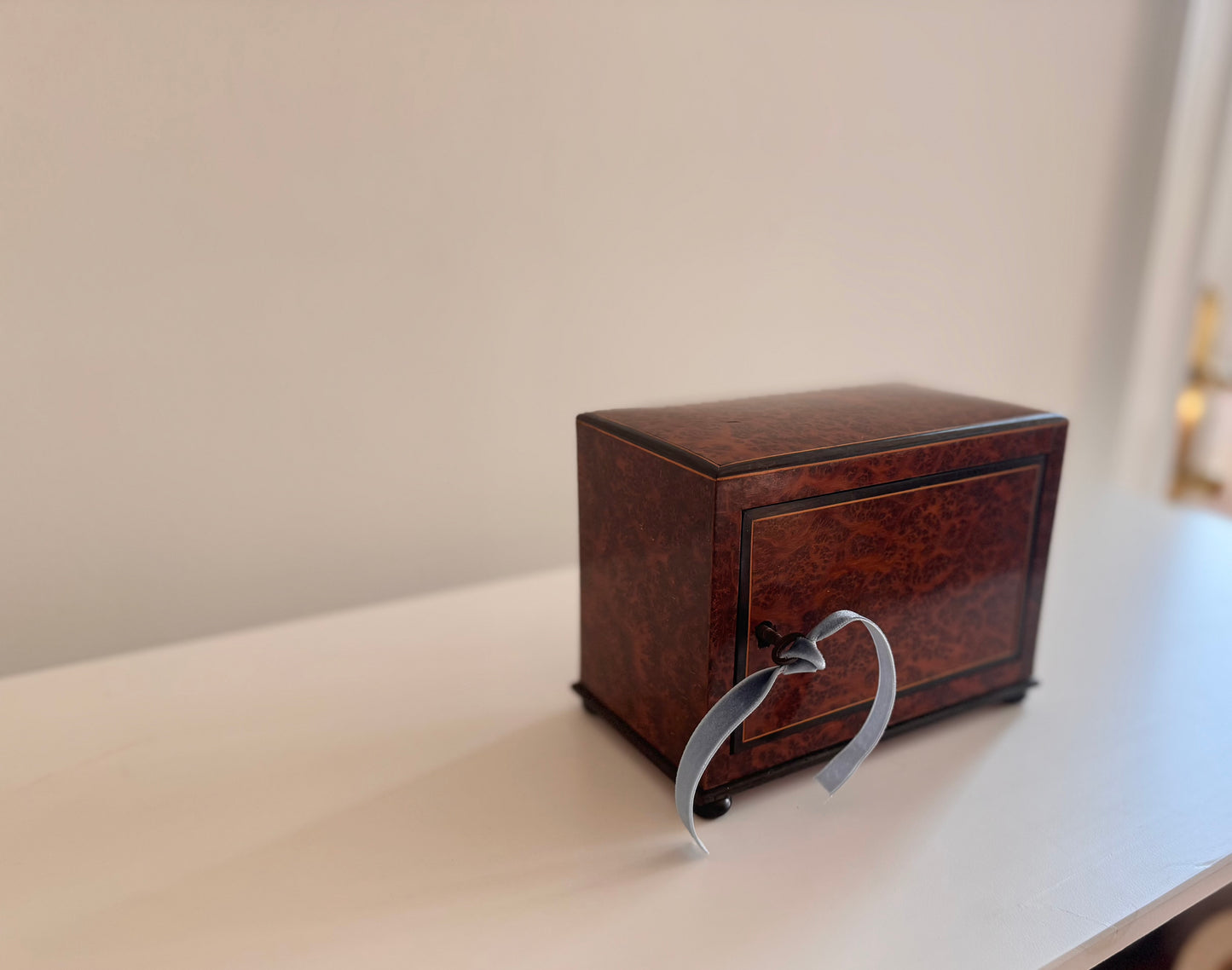 Antique French Burl Wood Marquetry Trinket Box Desk Caddy w/Working Key
