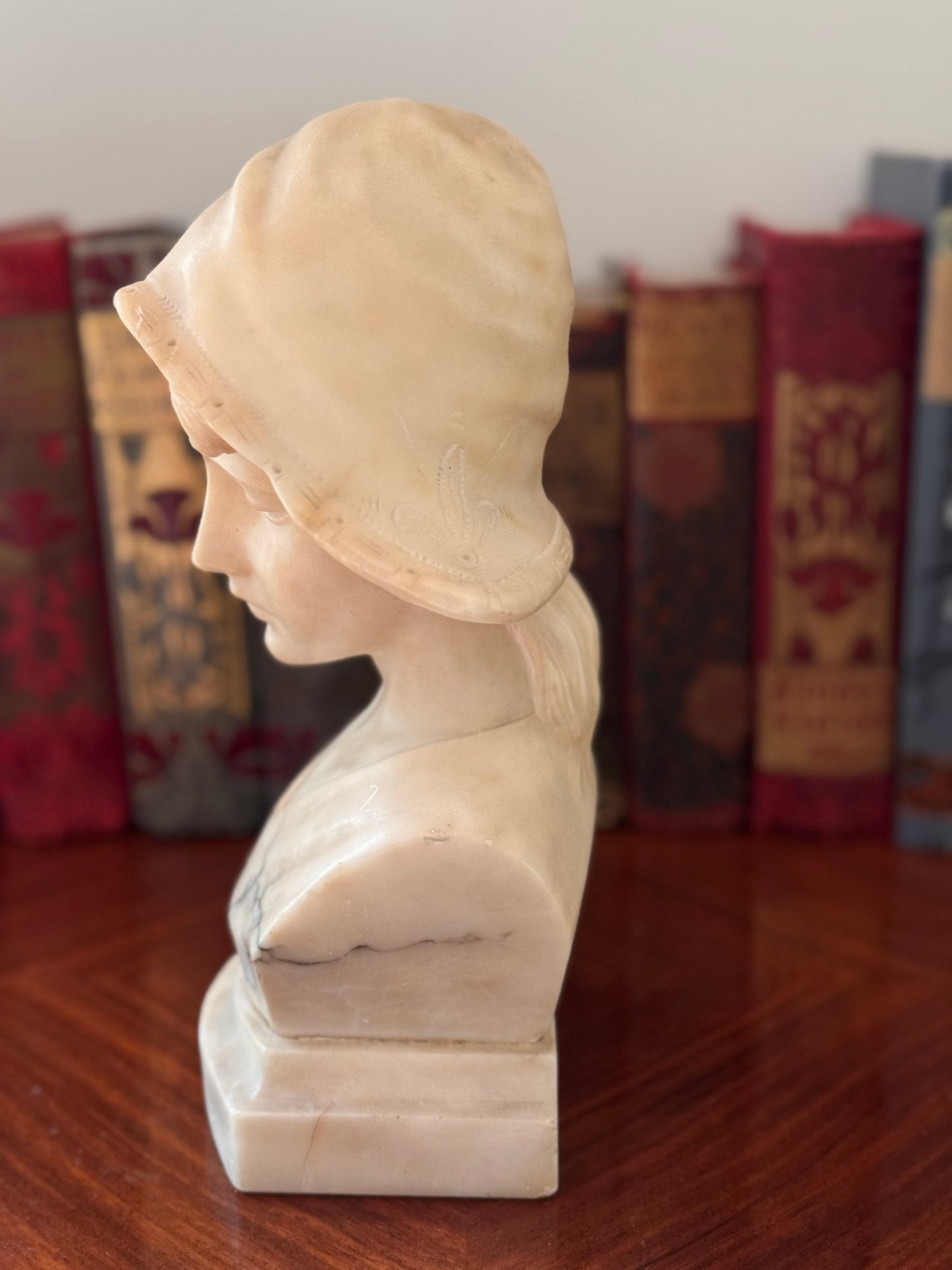 Antique Italian Alabaster Marble Bust Of A Young Girl Woman With Hat