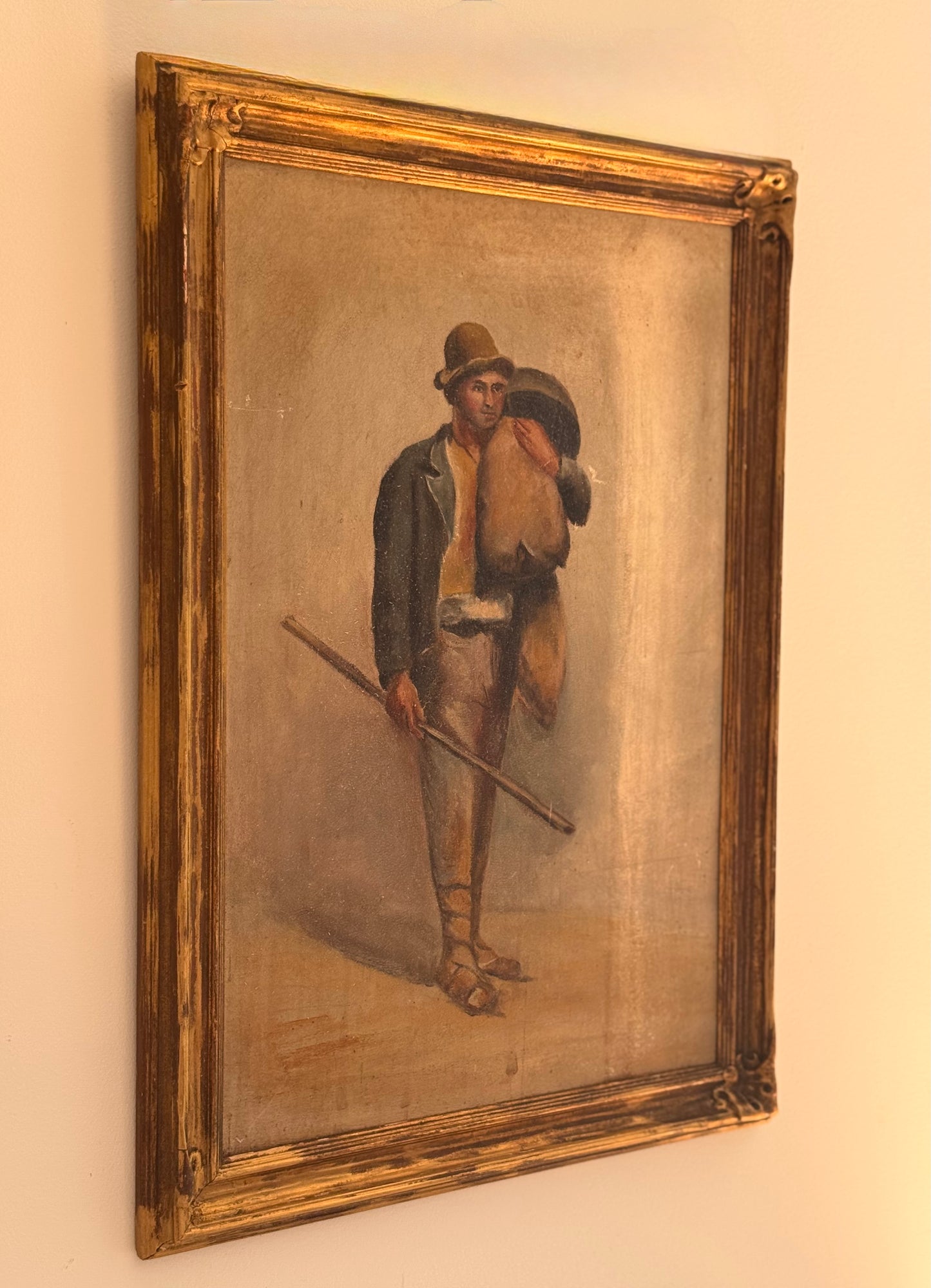 Antique 19c Oil on Board Portrait After J. Rawson Standing Peasant Painting