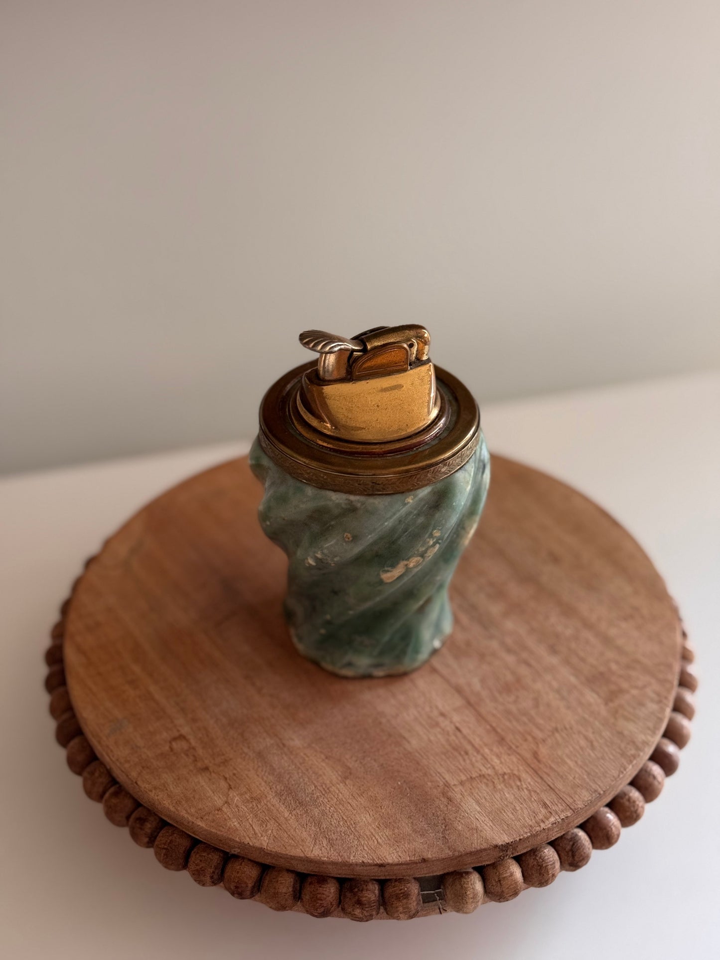 Vintage Sage Green Brass Marbled Alabaster Table Lighter