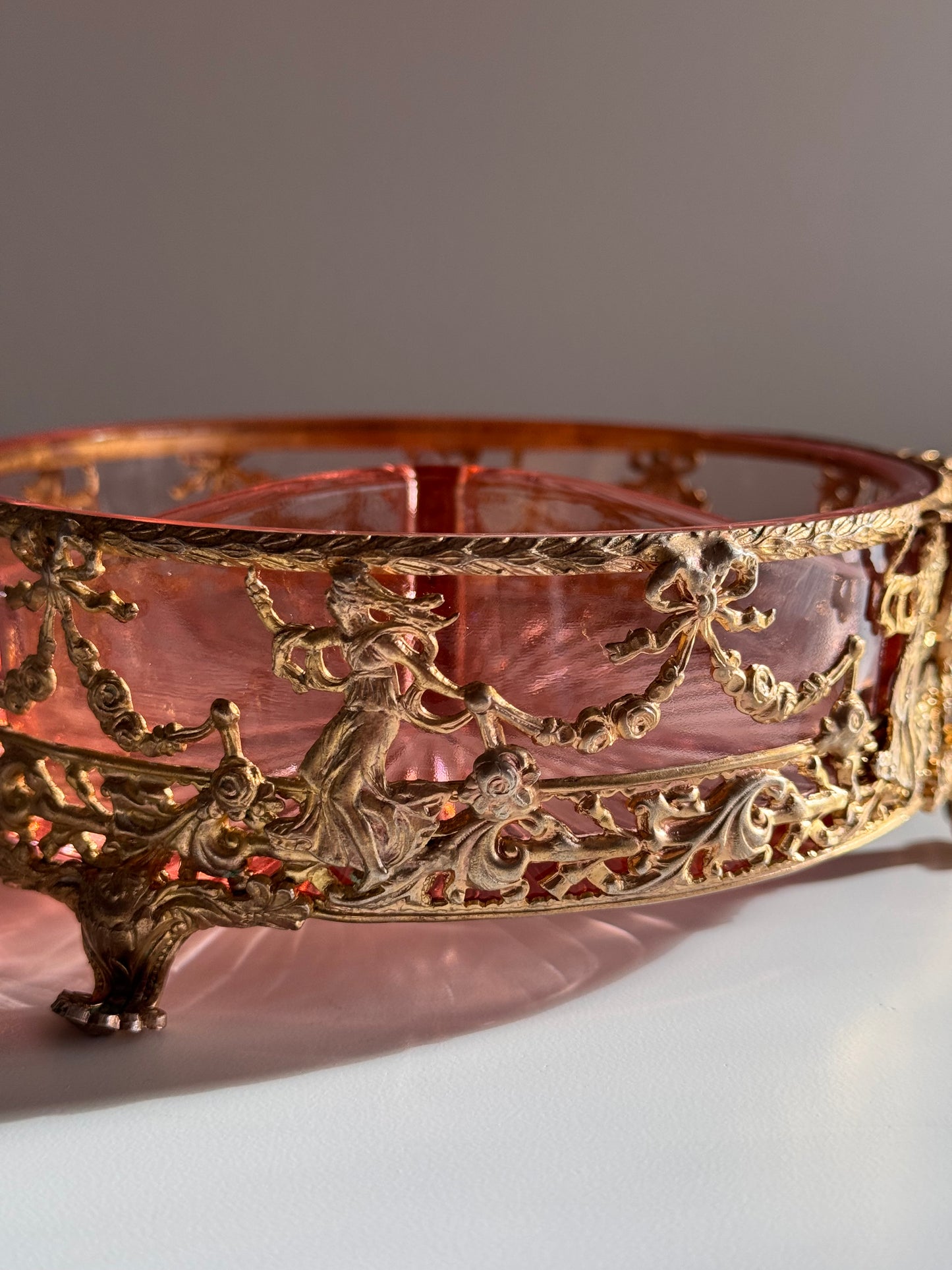Antique Pink Cut Glass And Gilded Metal Brass Trinket Dish Swags Floral Lady