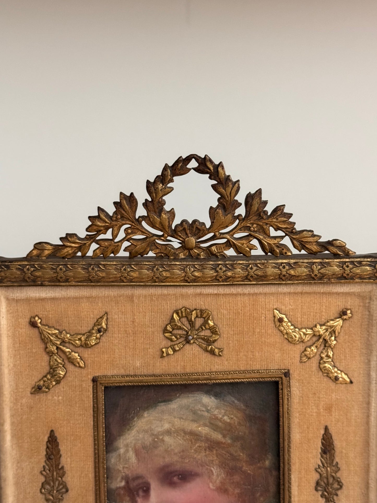 Antique French 19c Ormolu Brass Frame Female Oil Painting Portrait